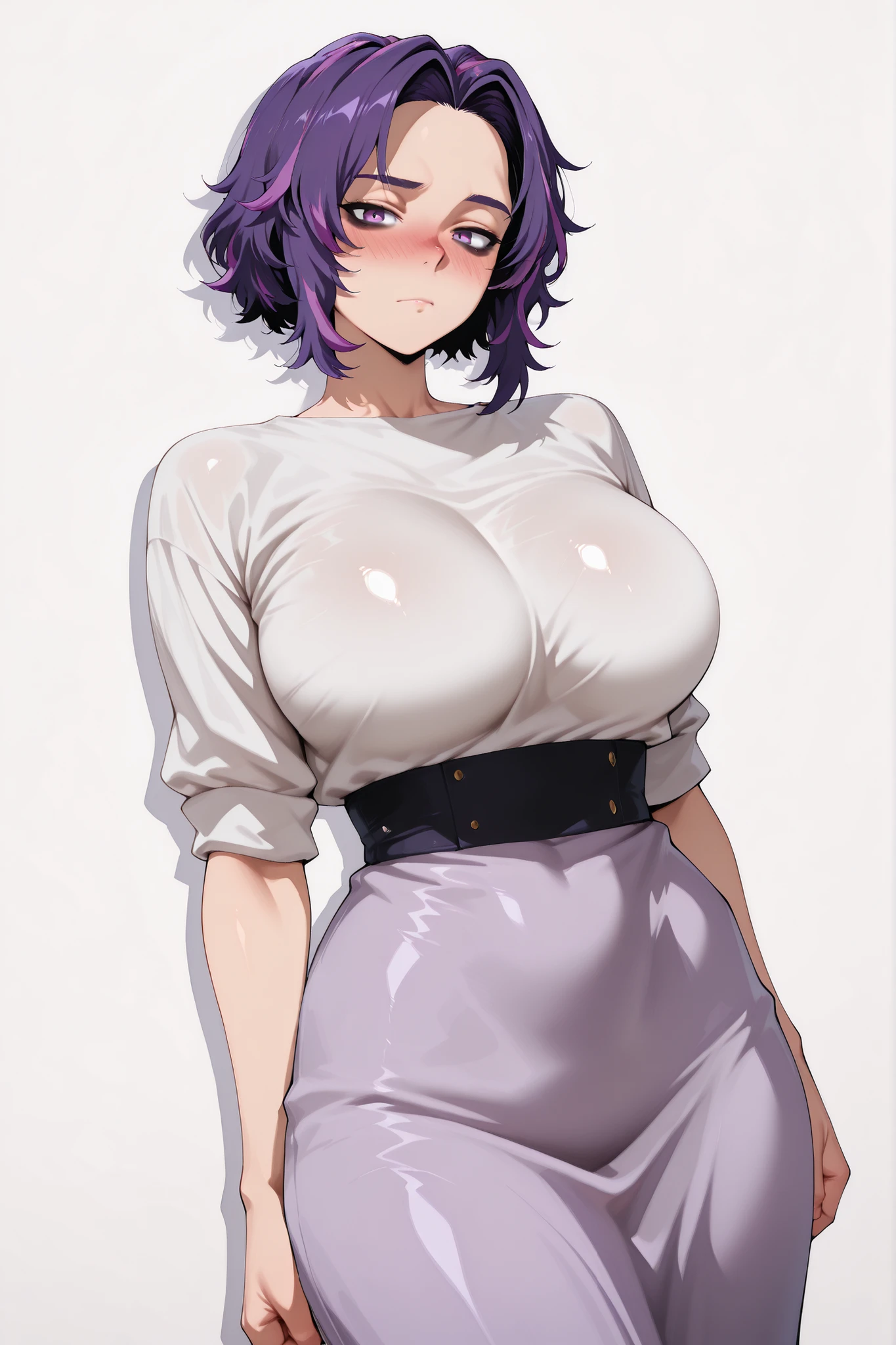 score_9, score_8_up, score_7_up, score_6_up, source_anime, BREAK 1girl, solo, bags under eyes,  ladynagant, purple hair, streaked hair, short hair, purple eyes,, (huge breasts:0.7), looking at you,,, looking at viewer, cowboy shot, dutch angle, solo, nice legs, large breasts, shiny skin, shiny hair, shiny body, clear body, large breasts, nose blush,, white background, simple background, standing, nice legs,, looking at viewer, thick thigh, thick thighs, nice face, solo, opaque clothes, cowboy shot, nice legs, empty background, STANDING, POSING, ,, longpencilskirt, long skirt
