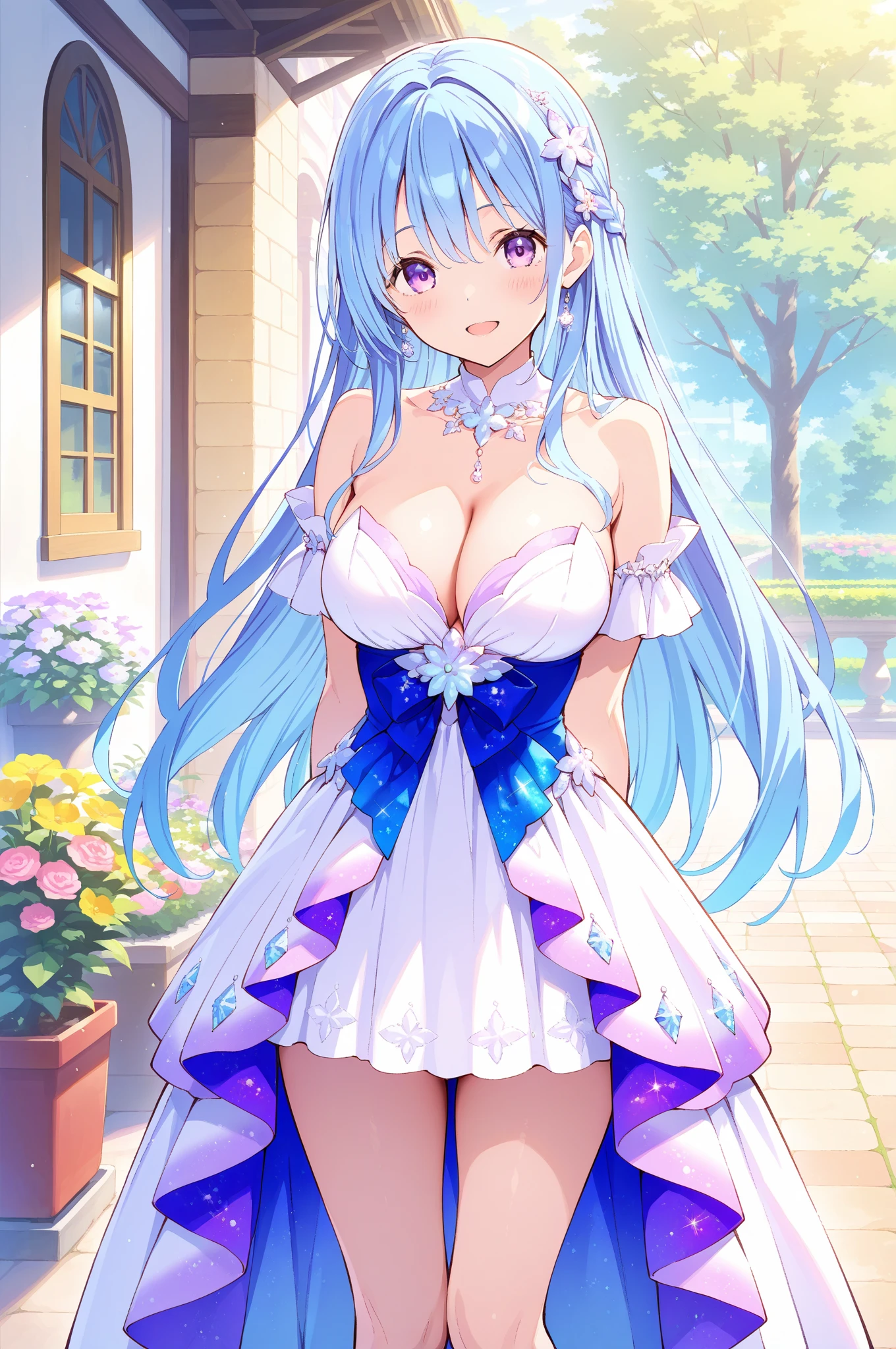 Light blue long hair、Beautiful girl with twin tails、Great smile、Bejeweled tiara、Big Diamond、White and red see-through leotard dress、A garden full of flowers、looking at the camera、Gemstone Splash Art、jewels shine、Rainbow aura above head
