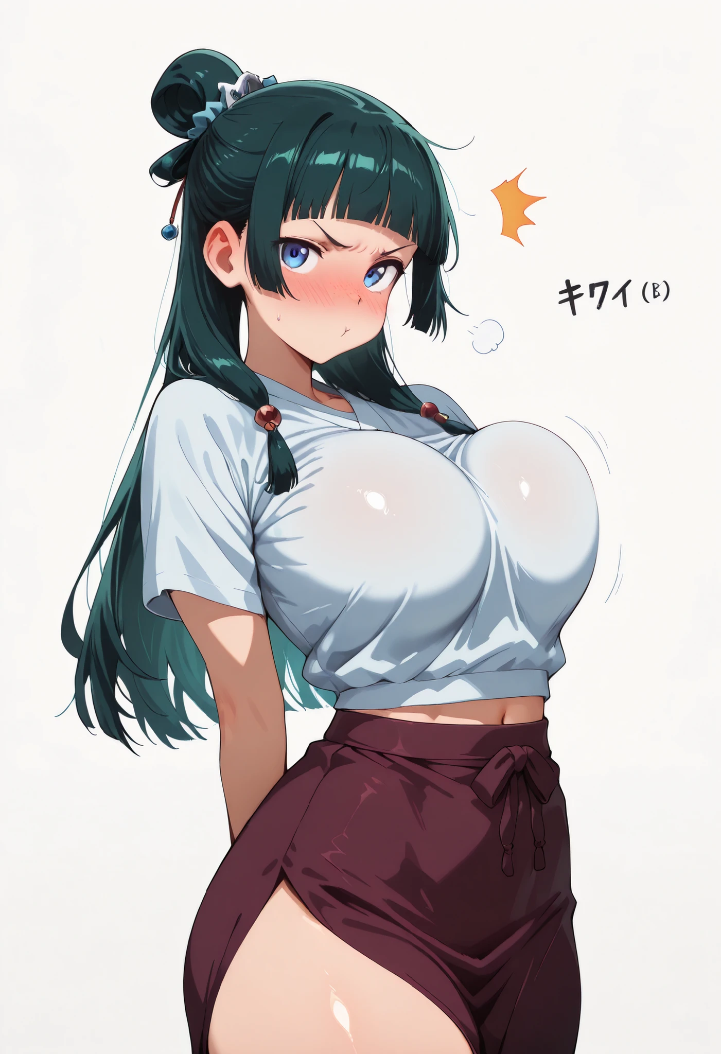 score_9, score_8_up, score_7_up, score_6_up, score_5_up, score_4_up, masterpiece, high quality, BREAK, 1girl, navel, midriff, rounded breasts, thick breasts, sfw, looking at viewer, nose blush, shiny legs, shiny body, shiny hair, clear skin, clear body,, large breasts, white background, simple background, thick thigh, thick thighs, standing, nice legs, solo, maomao, long hair, bangs, blue eyes, hair ornament, green hair, blunt bangs, freckles, hair bun, single hair bun, large breasts, pouting expression,,, COWBOY SHOT , LARGER BREASTS, hands behind on her, white background, empty background, longpencilskirt, long skirt