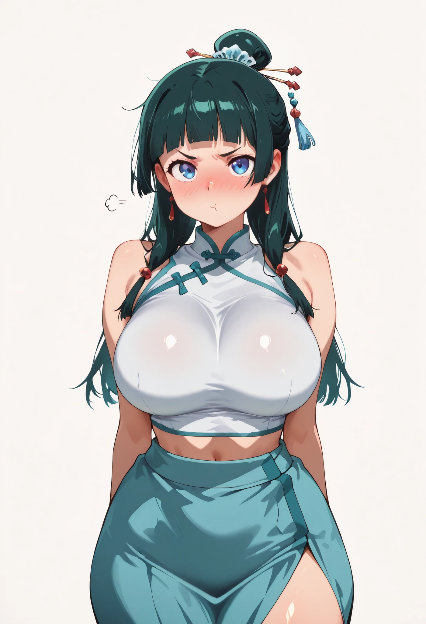 score_9, score_8_up, score_7_up, score_6_up, score_5_up, score_4_up, masterpiece, high quality, BREAK, 1girl, navel, midriff, rounded breasts, thick breasts, sfw, looking at viewer, nose blush, shiny legs, shiny body, shiny hair, clear skin, clear body,, large breasts, white background, simple background, thick thigh, thick thighs, standing, nice legs, solo, maomao, long hair, bangs, blue eyes, hair ornament, green hair, blunt bangs, freckles, hair bun, single hair bun, large breasts, pouting expression,,, COWBOY SHOT , LARGER BREASTS, hands behind on her, white background, empty background, longpencilskirt, long skirt