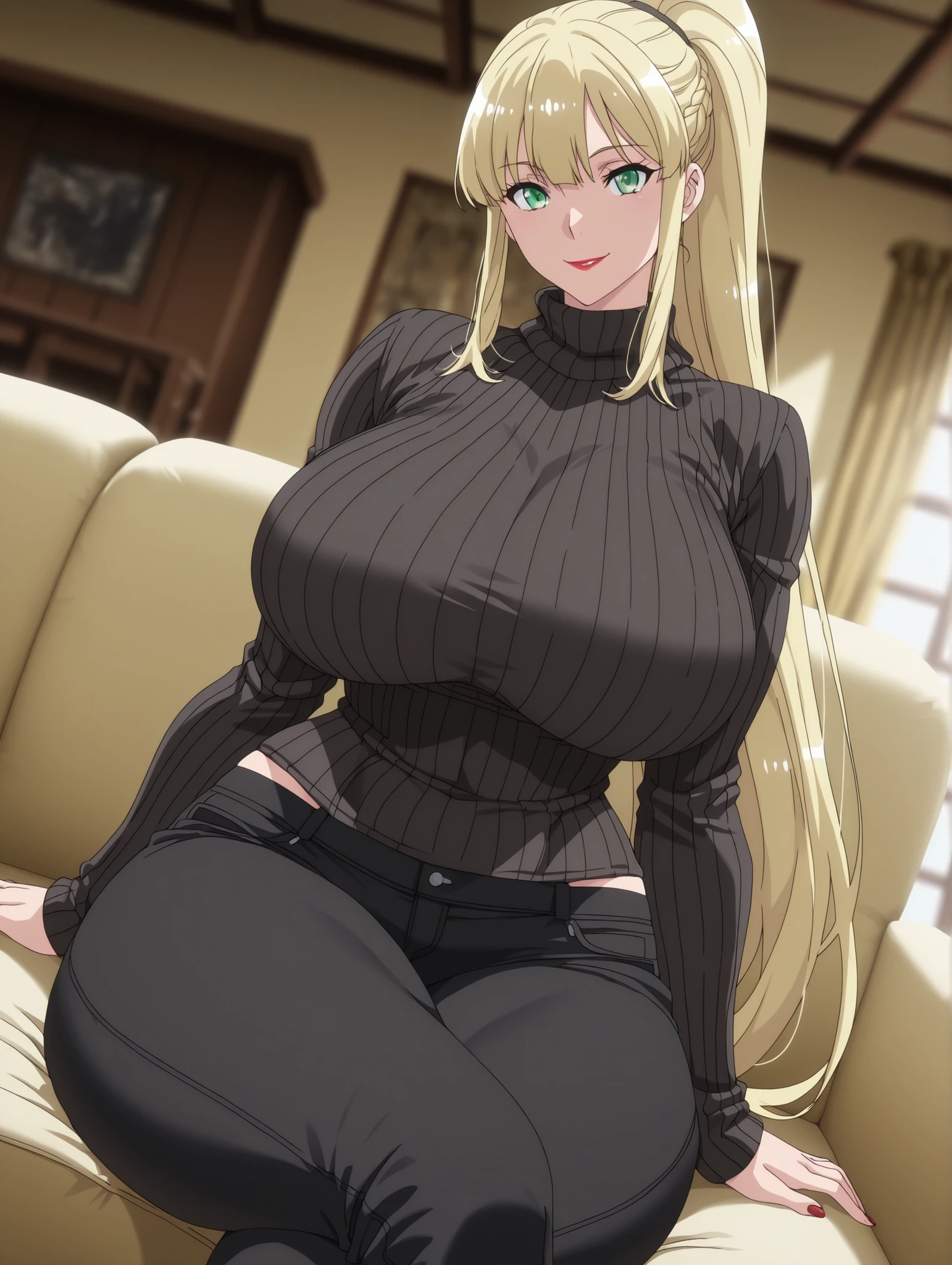 newest , masterpiece , anime screencap , anime coloring , 1girl, Mature Female, solo, erikadg,
ponytail, blonde hair, green eyes, lips, smile, ractical body shape, glamorous bodies, big Curvy, Slutty, Neat, big breasts, large curvy, thick thighs, Toned thighs, ((black turtleneck sweater, black pants,)), sitting , crossed legs , from front , dutch angle , (looking at viewer) , (cowboy shot) , living room , blurred background, (((Sexy,))), Red Lipstick,