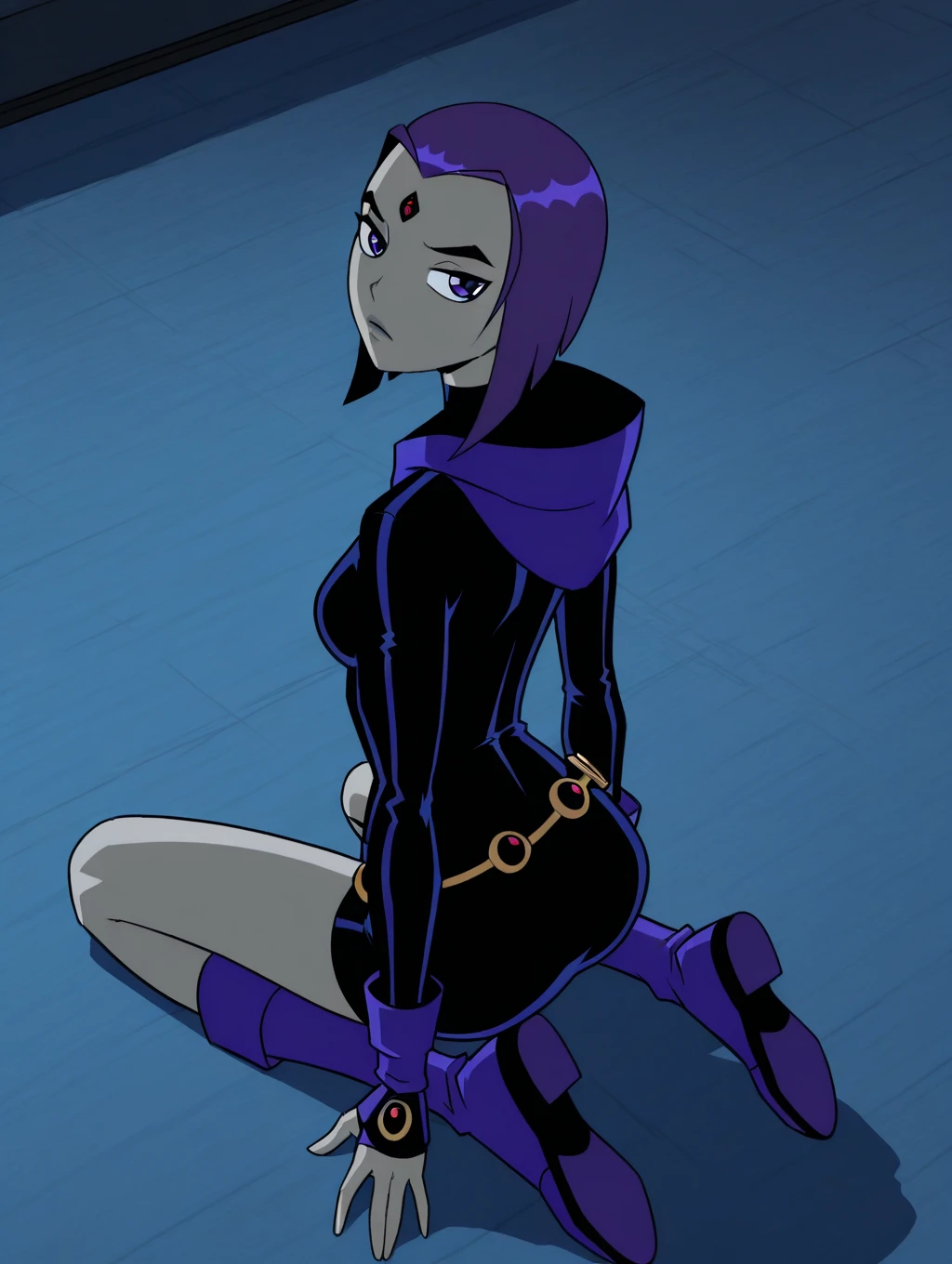 1girl, score_9, score_8_up, score_7_up, masterpiece, high quality, western cartoon, neon lighting, very detailed, depth of field, cinematic illumination, volumetric lighting, full color picture, vibrant colors, solo, alone, 
DDamsel, dark skin, 
PDuo, purple eyes, purple hair, short hair, makeup, purple lips, purple hoop earrings, short dress, purple dress, detached sleeves, gold buckle on belt, belt, zettai ryouiki, black thighhighs, black thigh boots,
standing, facing forward, full body, happy, walking, looking at viewer, pov, direct view,