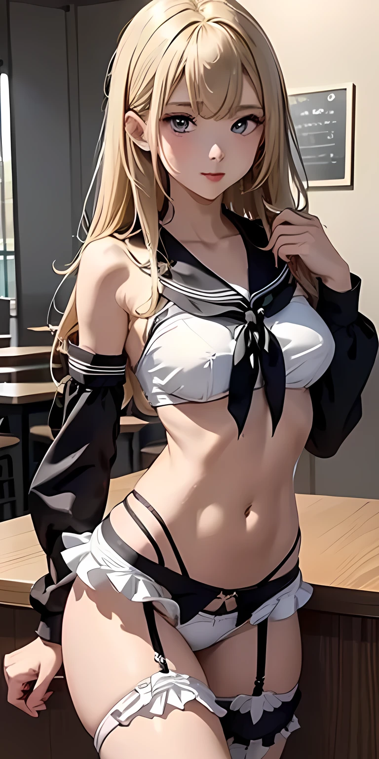 standing in a sexy pose、belly button、shoulder、troubled expression、Skinny Full Nude、slender body、(Low rise ultra mini ruffle bikini with high school girl uniform design :1.4) 、(yellow frill )、 garter belt 、Pay attention to the high school girl uniform design ruffle sleeve、narrow eyes 、Blonde、medium hair、Shaped eyebrows, bar counter、(glossy lips: 1.4)