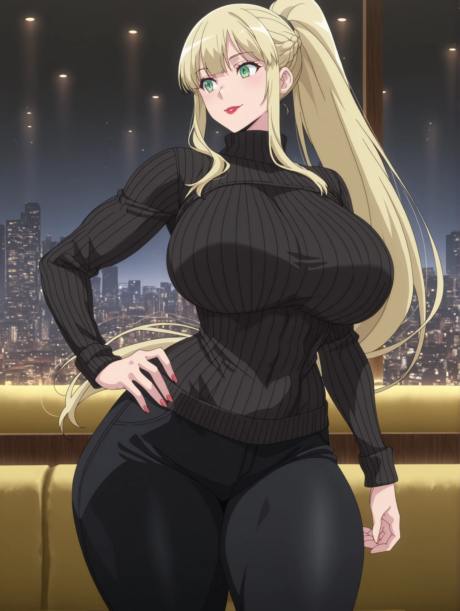 newest , masterpiece , anime screencap , anime coloring , 1girl, Mature Female, solo, erikadg,
ponytail, blonde hair, green eyes, lips, smile, ractical body shape, glamorous bodies, attractive bodies, big Curvy, Slutty, Neat, big breasts, large curvy, thick thighs, Toned thighs, ((black turtleneck sweater, black pants,)), (((Sexy,))) city, Hotel, hand on own hip, Red Lipstick,