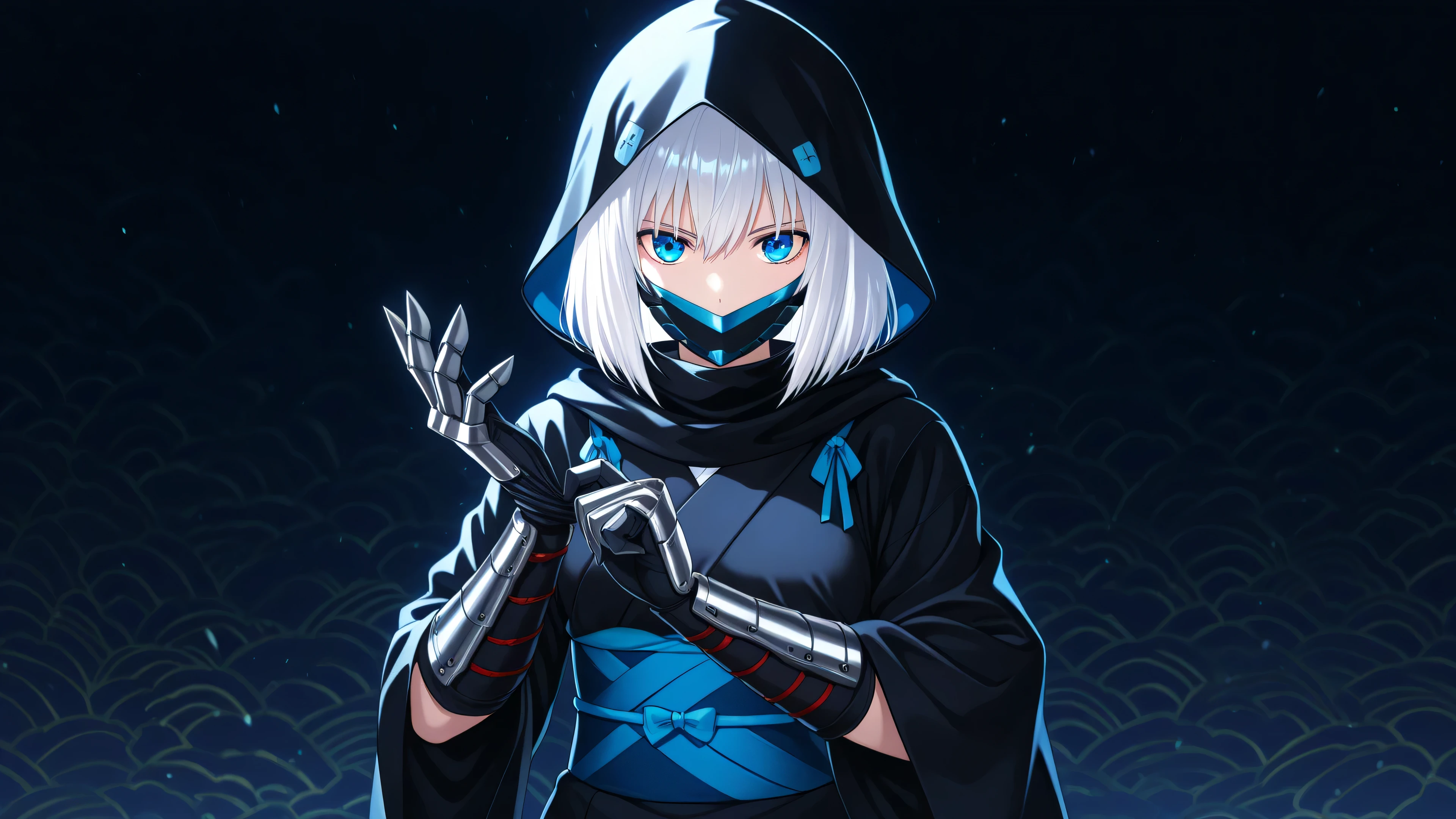 anime, 1girl, solo, ninja, obi, japanese clothes, head covering, armored gloves, adjusting gloves, blade gloves, mask, hood, white hair, medium hair, dark background with light focus, fantastic background, blue eyes,