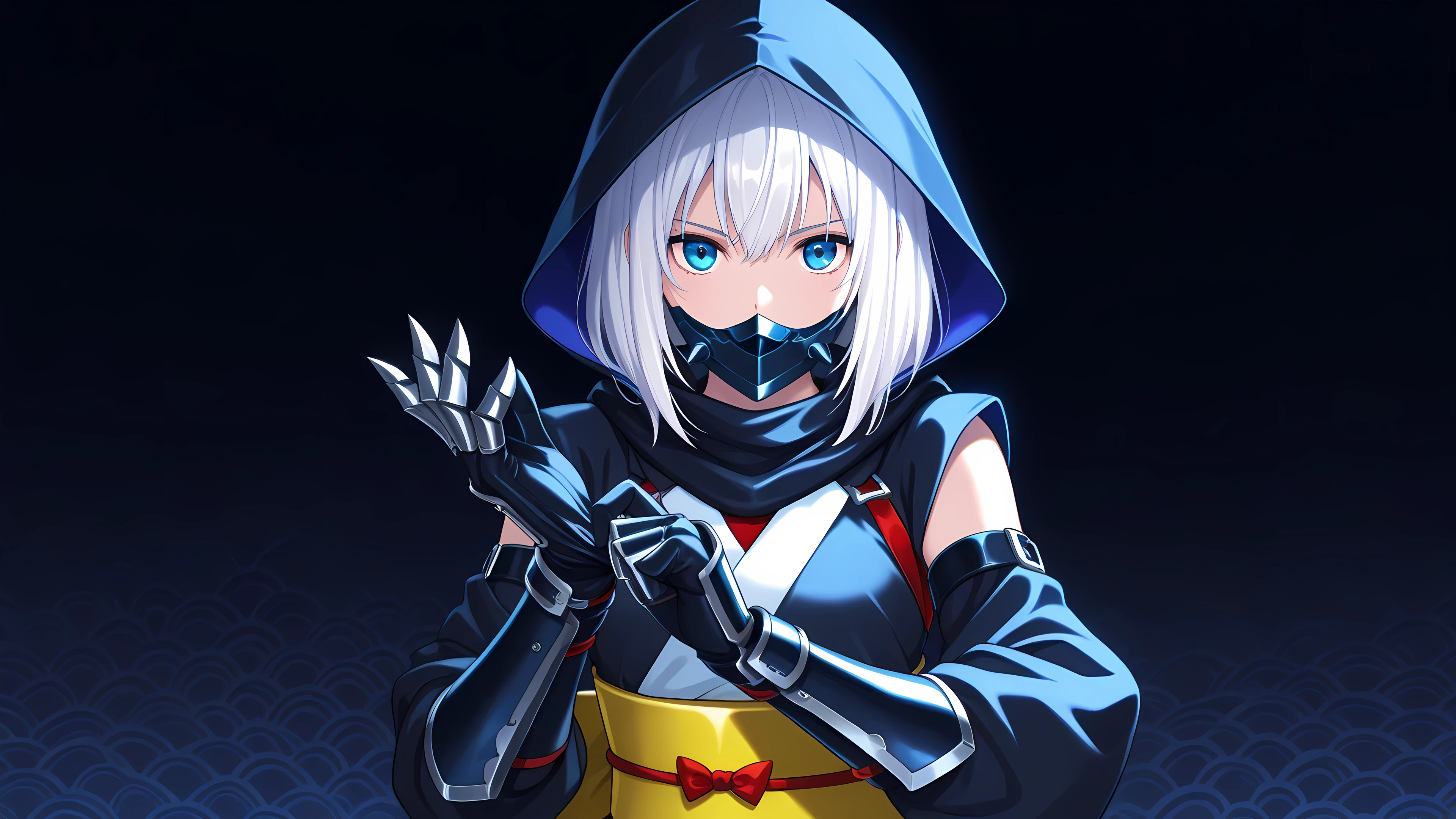 anime, 1girl, solo, ninja, obi, japanese clothes, head covering, armored gloves, adjusting gloves, blade gloves, mask, hood, white hair, medium hair, dark background with light focus, fantastic background, blue eyes,