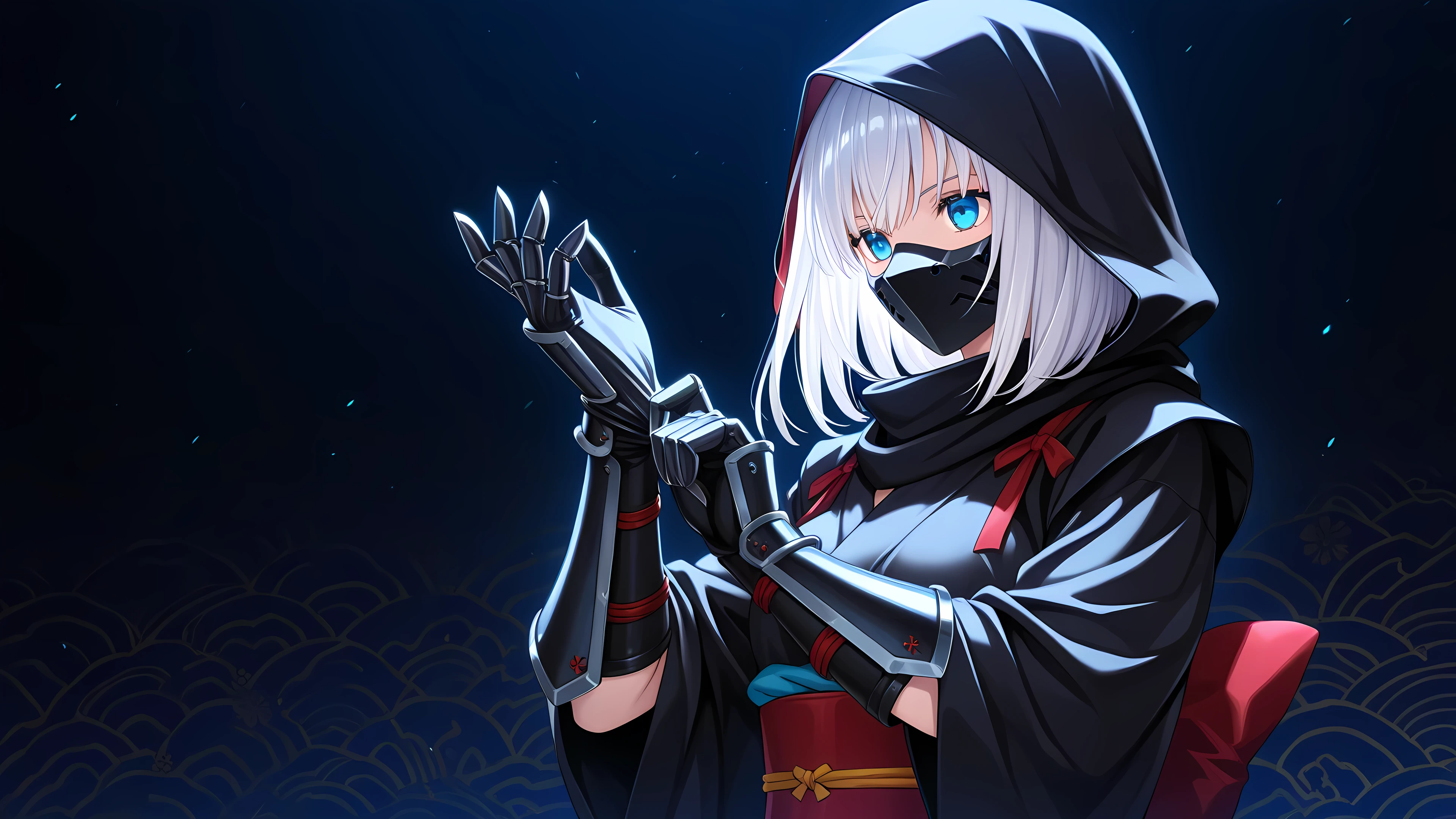anime, 1girl, solo, ninja, obi, japanese clothes, head covering, armored gloves, adjusting gloves, blade gloves, mask, hood, white hair, medium hair, dark background with light focus, fantastic background, blue eyes,