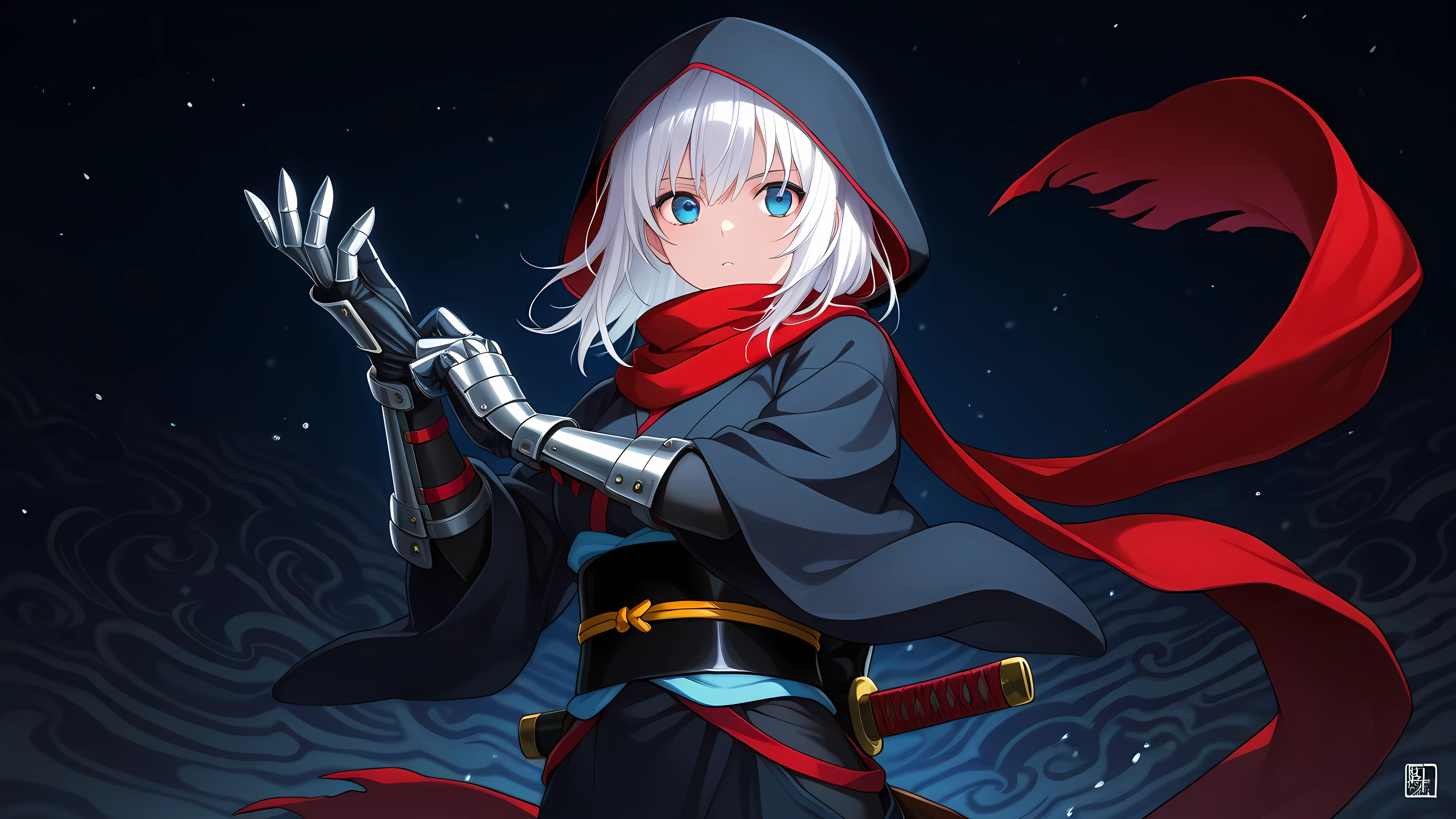 anime, 1girl, solo, ninja, obi, japanese clothes, head covering, armored gloves, adjusting gloves, blade gloves, mask, hood, white hair, medium hair, dark background with light focus, fantastic background, blue eyes, red scarf, weapon in waist,