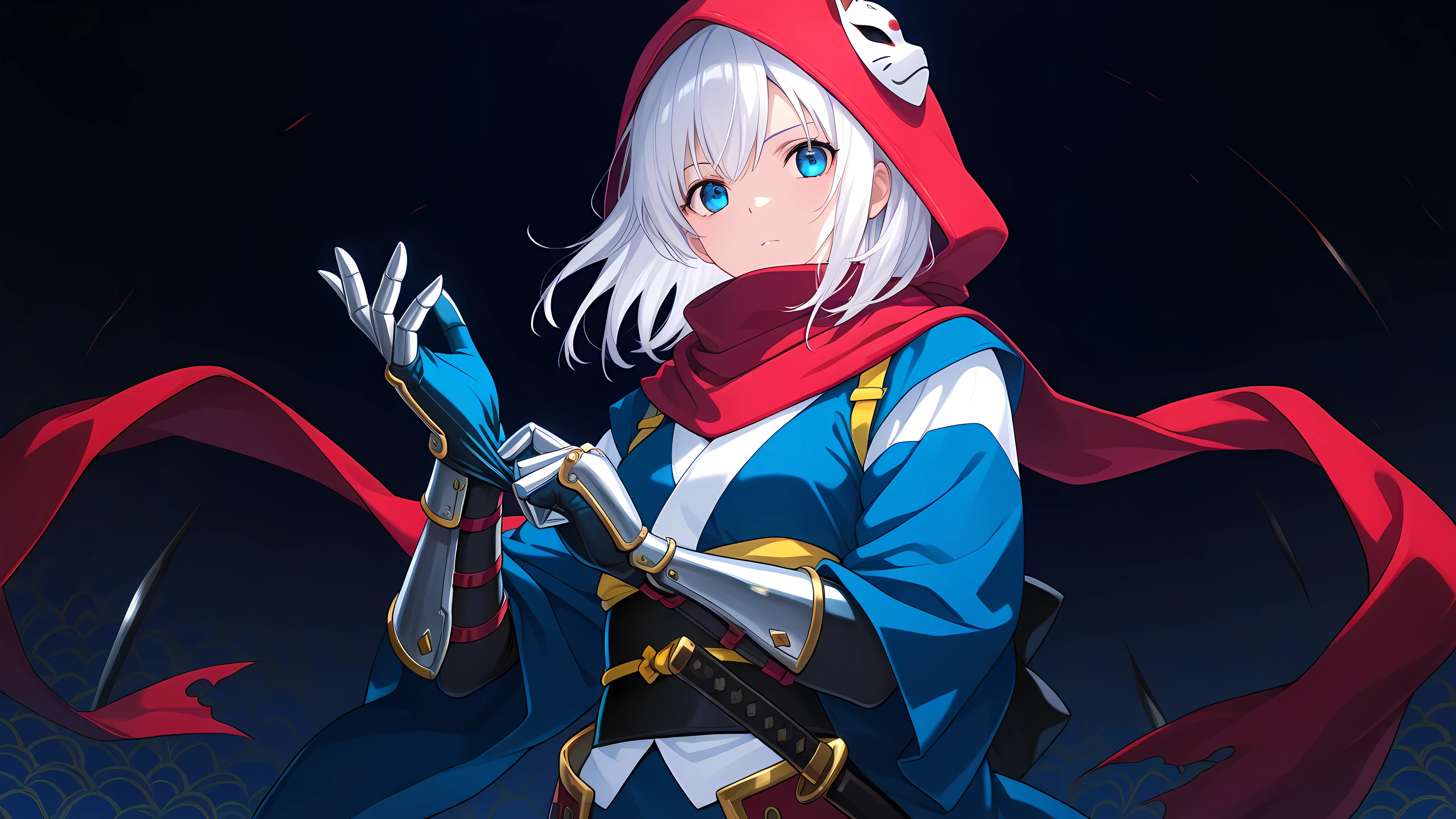 anime, 1girl, solo, ninja, obi, japanese clothes, head covering, armored gloves, adjusting gloves, blade gloves, mask, hood, white hair, medium hair, dark background with light focus, fantastic background, blue eyes, red scarf, weapon in waist,