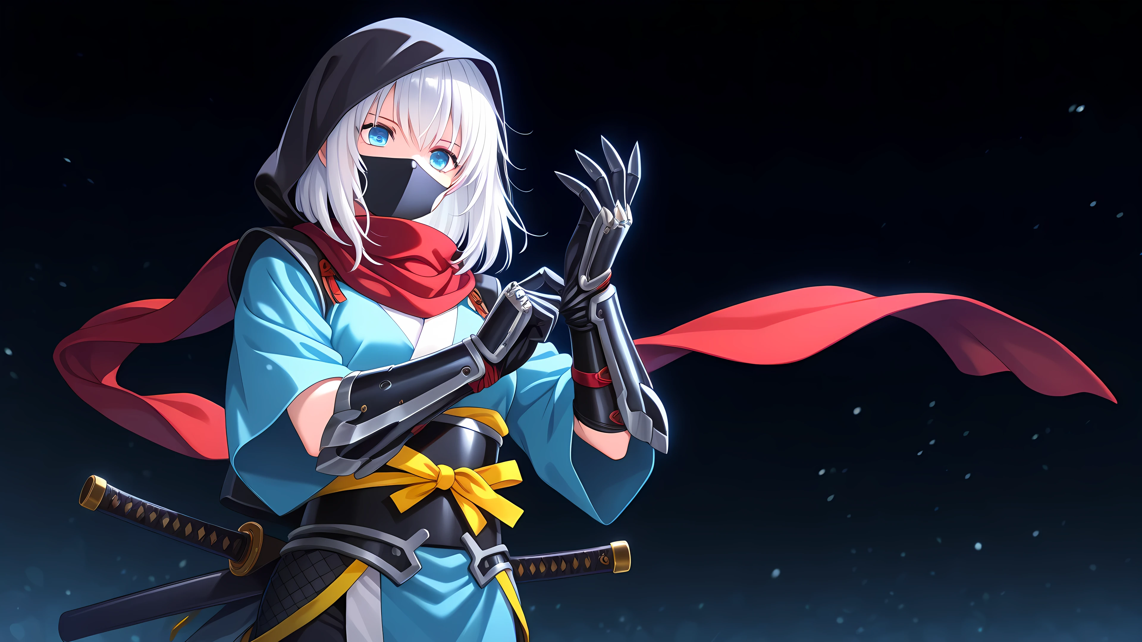 anime, 1girl, solo, ninja, obi, japanese clothes, head covering, armored gloves, adjusting gloves, blade gloves, mouth mask, hood, white hair, medium hair, dark background with light focus, fantastic background, blue eyes, red scarf, weapon in waist,