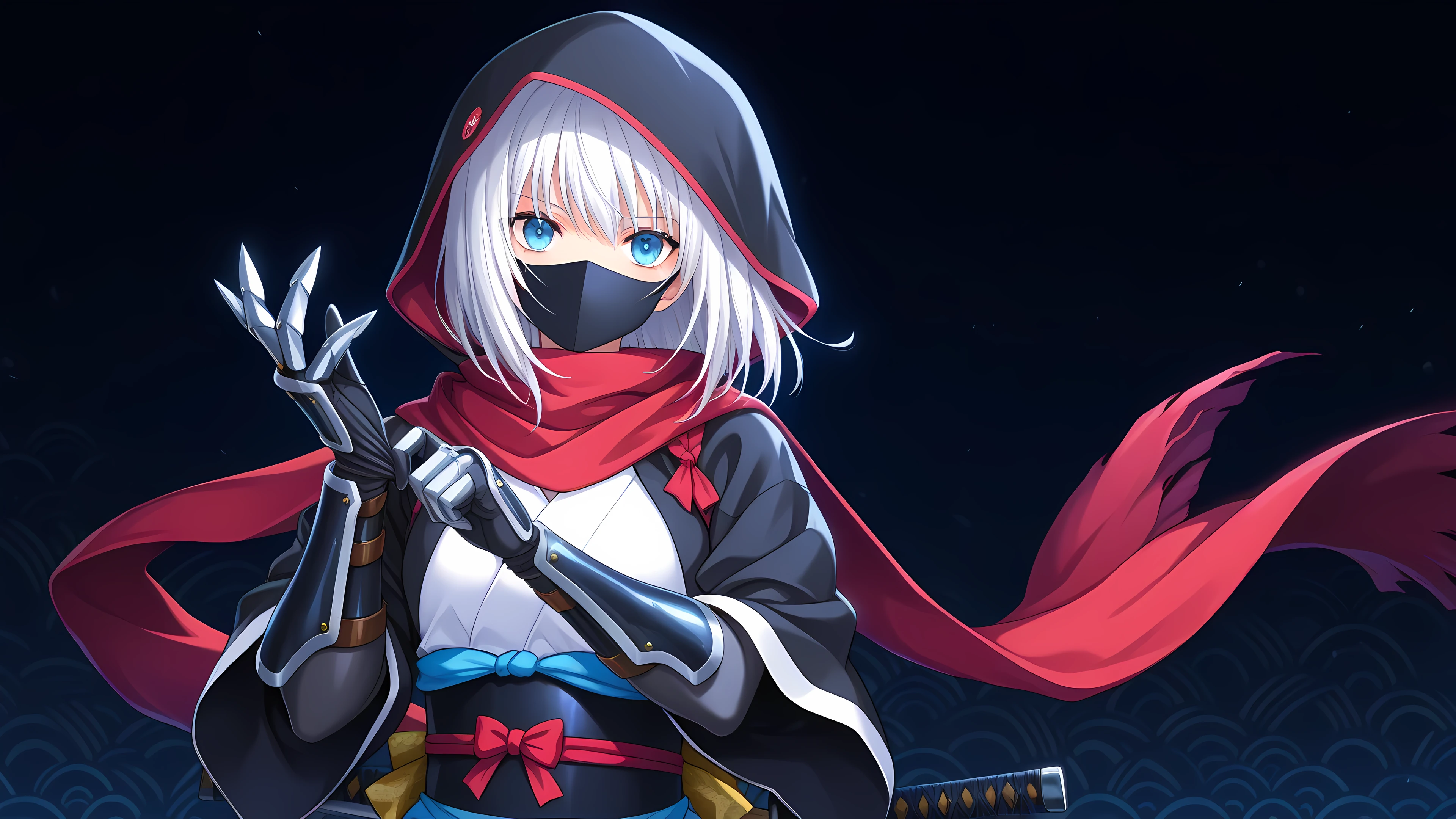 anime, 1girl, solo, ninja, obi, japanese clothes, head covering, armored gloves, adjusting gloves, blade gloves, mouth mask, hood, white hair, medium hair, dark background with light focus, fantastic background, blue eyes, red scarf, weapon in waist,