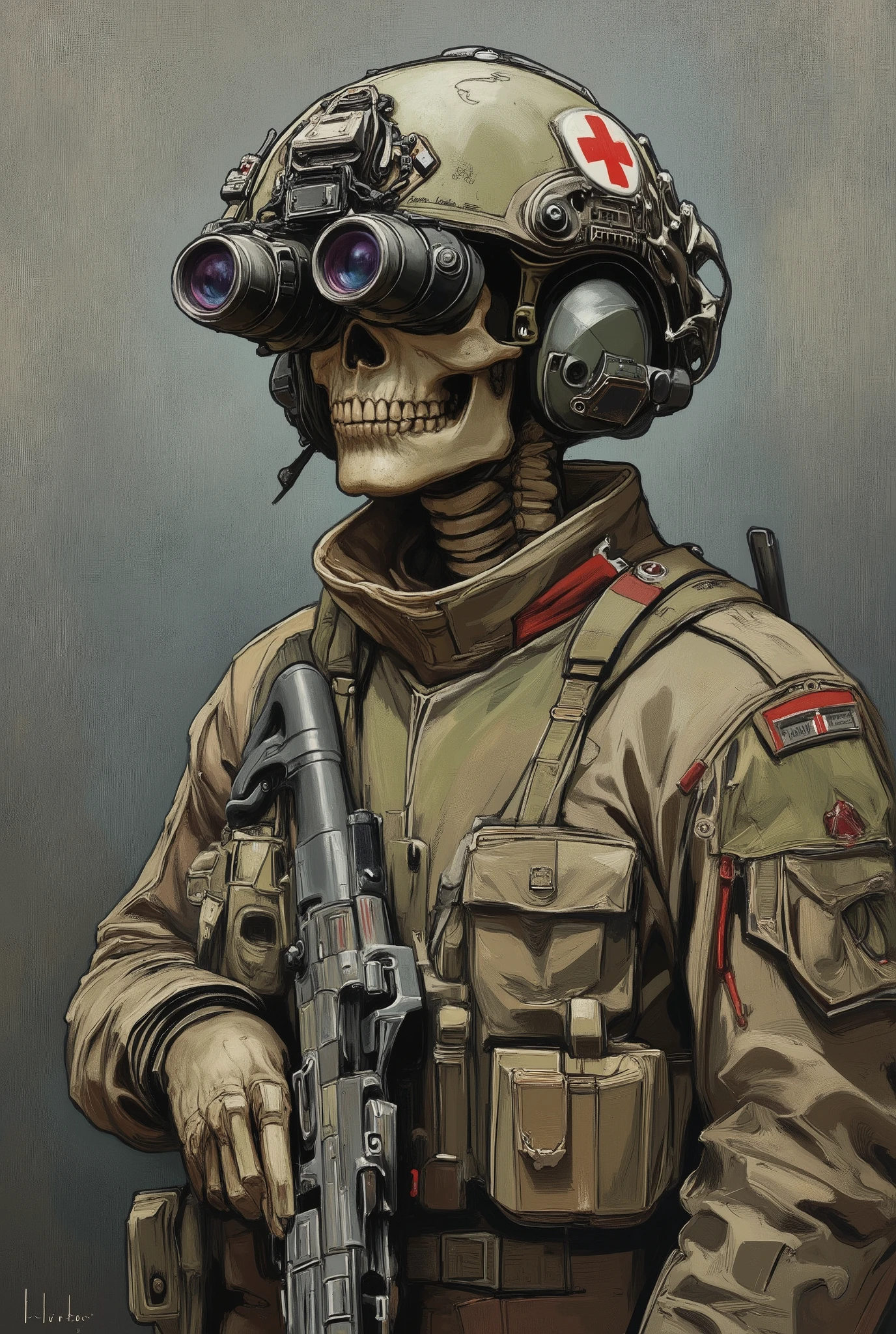 Skeleton, military uniform,wearing on head n0ds  dual-tube panoramic optical device two cylindrical lenses attached to the front of the helmet with integrated hearing protection,Alphonse Mucha Style, skeleton holding m4, Red Cross medic symbol on helmet