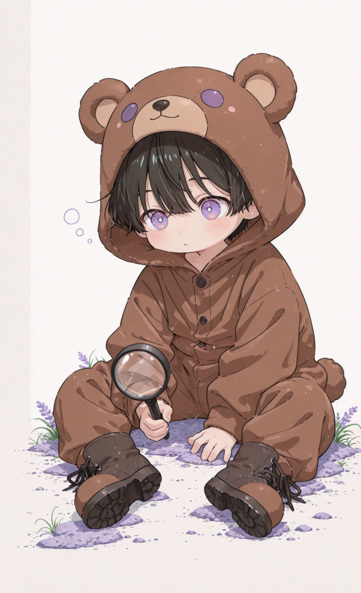 Kuma, masterpiece, best quality, ultra-detailed:1.3, chibi style, 1boy, male, solo, short black hair, lavender eyes, wearing brown bear onesie, bear hood, black boots, sitting on ground, looking through magnifying glass, examining ants on ground, plain white background, curious expression