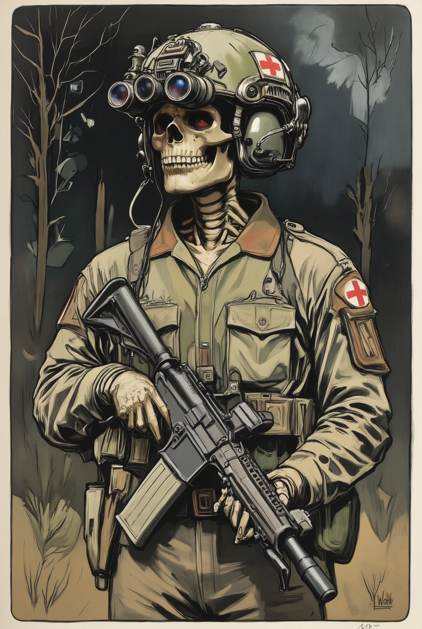 Skeleton, military uniform,wearing on head n0ds  dual-tube panoramic optical device two cylindrical lenses attached to the front of the helmet with integrated hearing protection, tubes over each eye socket, Alphonse Mucha Style, skeleton holding m4a1 assault rifle, Red Cross medic symbol on helmet