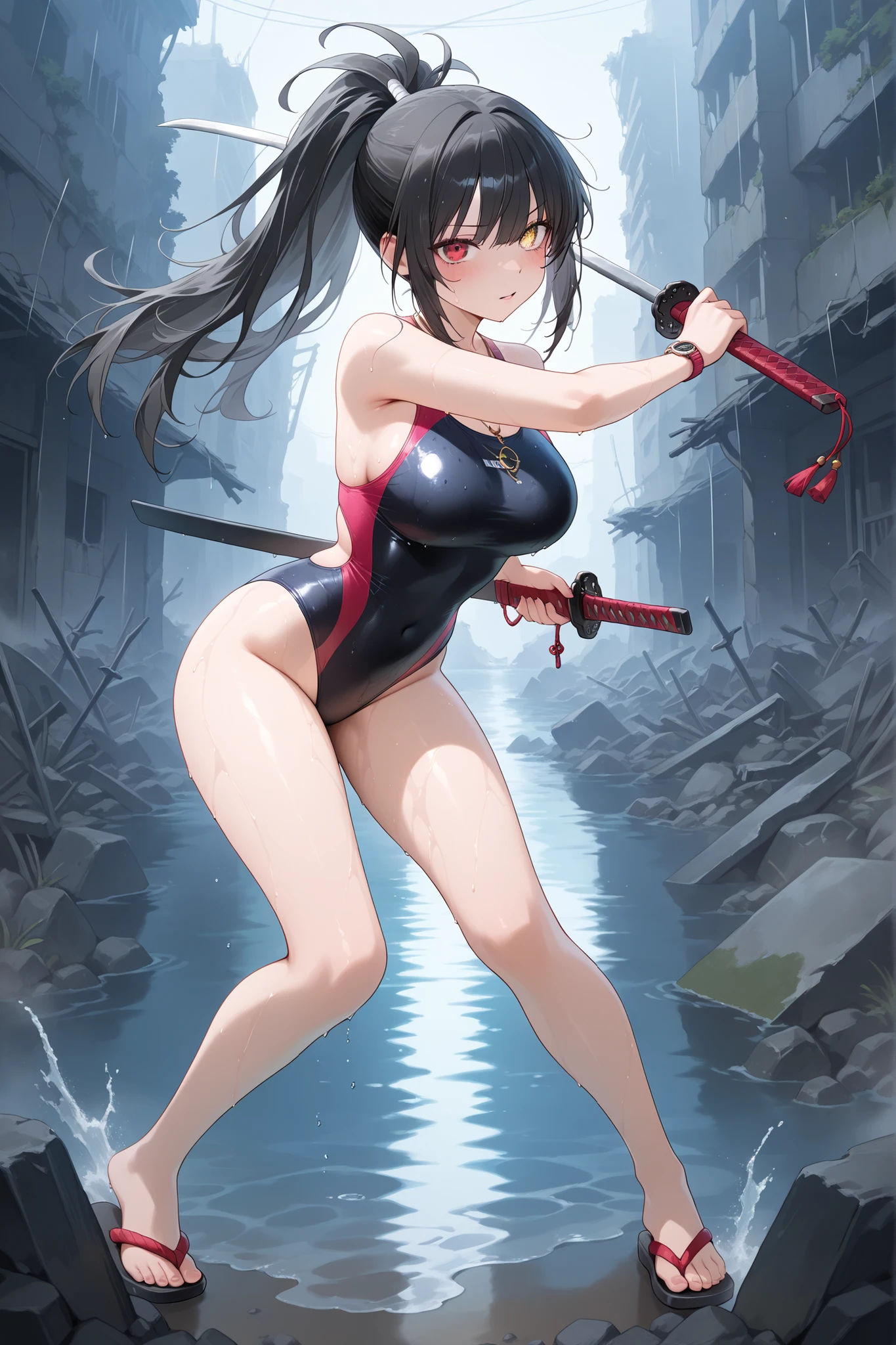 masterpiece after sex, Best Quality, Kyozo Tokizaki, Black Double Ponytail, heterochromatic eyes, Red Eye Golden Eye, Watch Eye, wet body effect, skin gloss, (Shame expression:1.3),Ninja,swimsuit，High-cut swimsuit，Competitive Swimwear ，necklace， Ruins Background, Rainy Atmosphere， Full body display, Very detailed, (Weak Stance:1.2), fighting posture，Double sword，Legs close-up，sandals