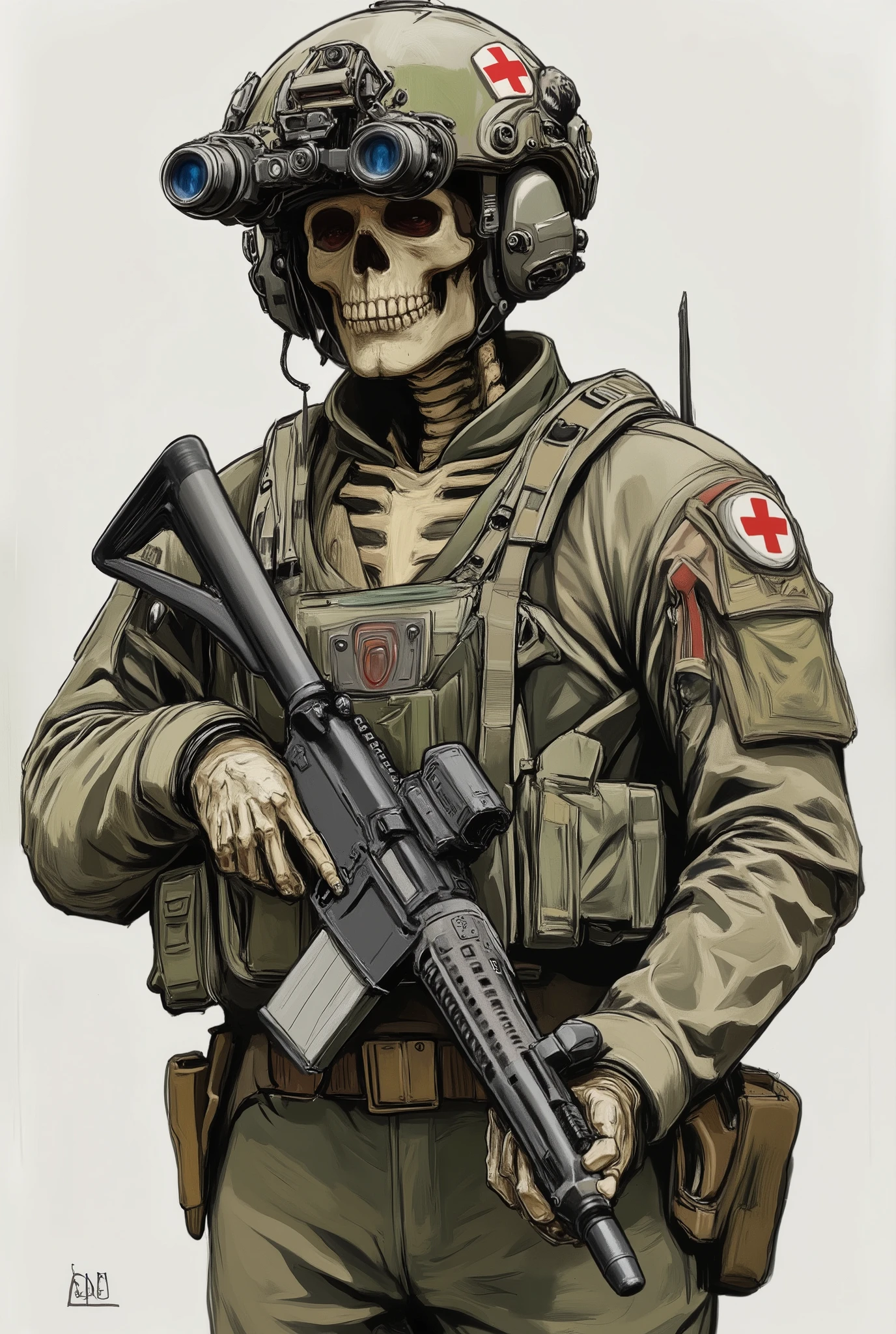 Skeleton, military uniform,wearing on head n0ds  dual-tube panoramic optical device two cylindrical lenses attached to the front of the helmet with integrated hearing protection,Alphonse Mucha Style, skeleton holding m4a1 assault rifle, Red Cross medic symbol on helmet