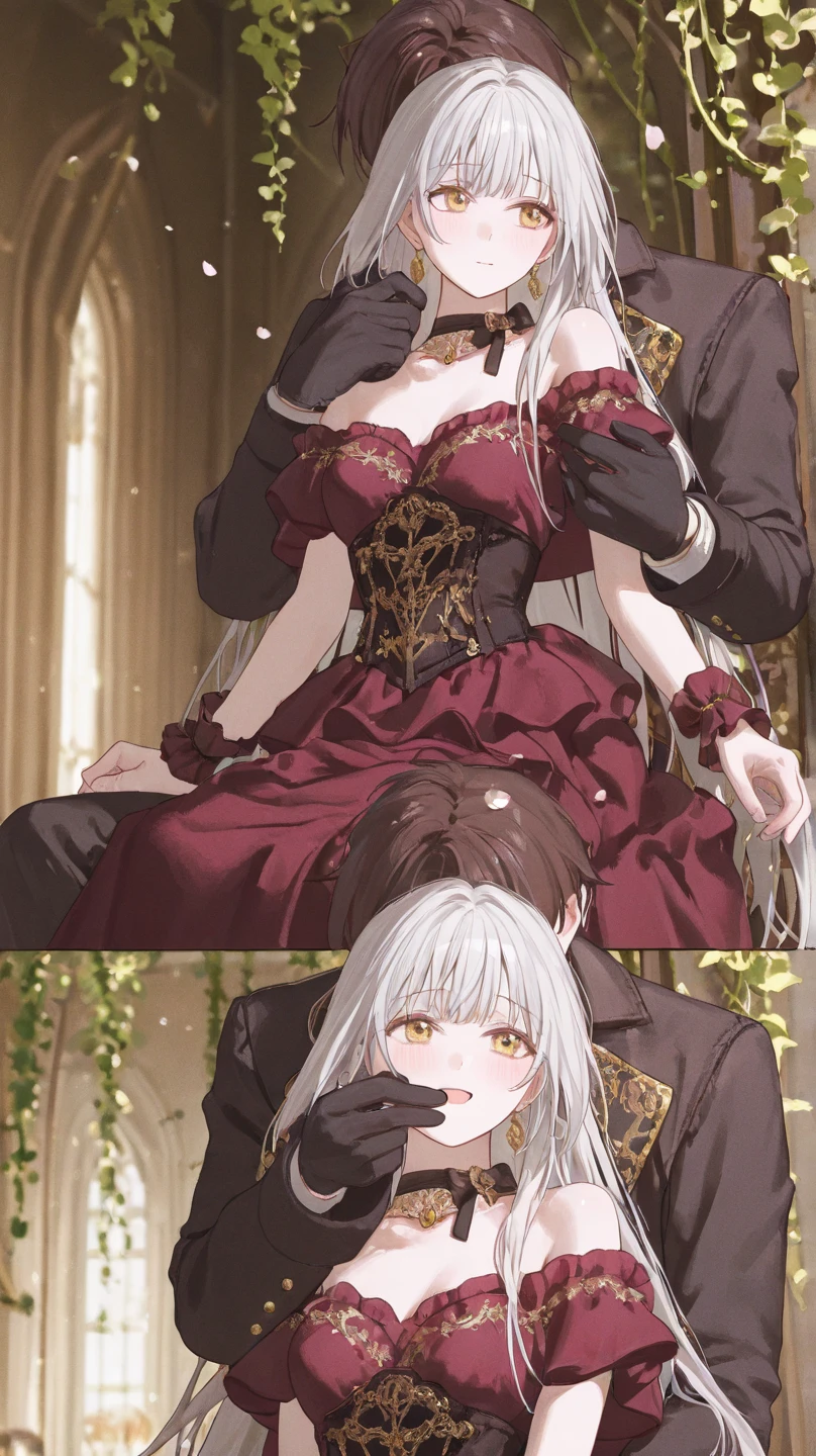((Highest quality)), ((masterpiece)), (detailed), （Perfect Face）、The woman is Yuuki Asuna, with medium-long brown hair, a gorgeous jeweled black dress and a vampire cloak, and is embracing and kissing the dignified old man Count Dracula.