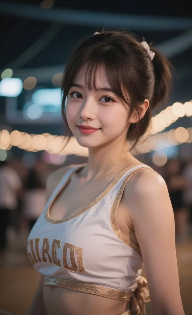 (8k, RAW photo, best quality, masterpiece:1.2), (realistic, photo-realistic:1.4), (extremely detailed 8k wallpaper), Beautiful Japanese idol, delicate facial features, delightful, cheerful, smiling, (waving at the camera:1.4), armpit, standing, (looking at viewer), front view, medium hair, diagonal bangs, messy hair, brown hair, brown eyes, toned body, 25years old, amusement park, upper body, in focus with blurred background, Casual clothing, cinematic lighting,