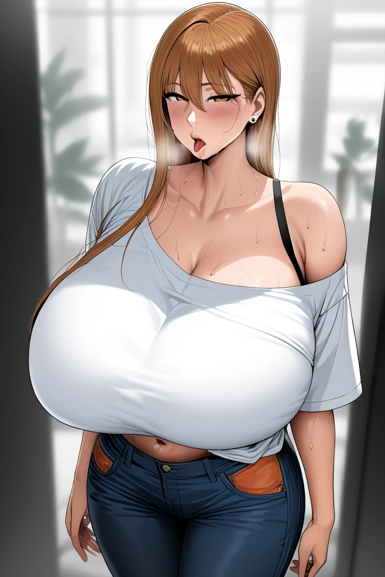 2heads, a chubby woman with two heads. She has ????????????????. She has long brown hair in a ponytail. She is wearing a leather jacket with nothing underneath. Her jacket is unzipped and exposing her enormous ???????. She is wearing tight jeans. She has thick thighs and enormous ???????. She has an annoyed look. ????????????.