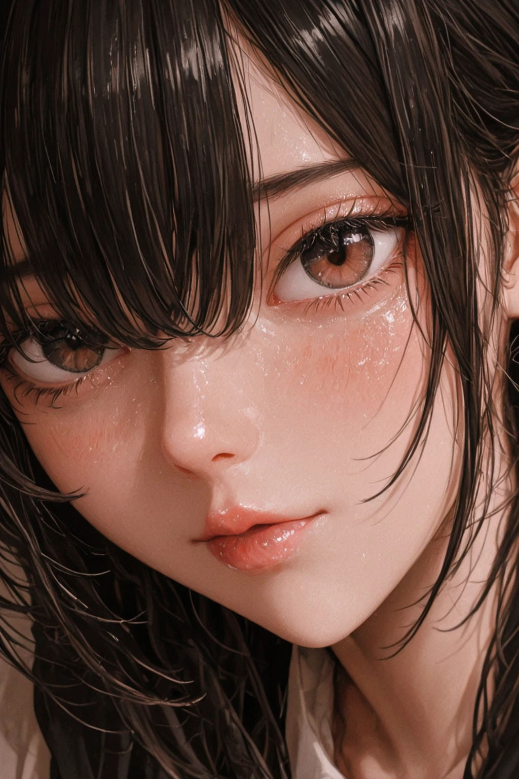 debris flies,Award-winning photo, very detailed, edge , open your mouth , deeply carved features、sharp nose、elongated nostrils、skin shining with sweat、Lighting that accentuates the shine of sweat{realistic nostrils}, black hair、Inside the car、well-shaped 、dripping sweat,Face glistening with sweat、skin shining with sweat、