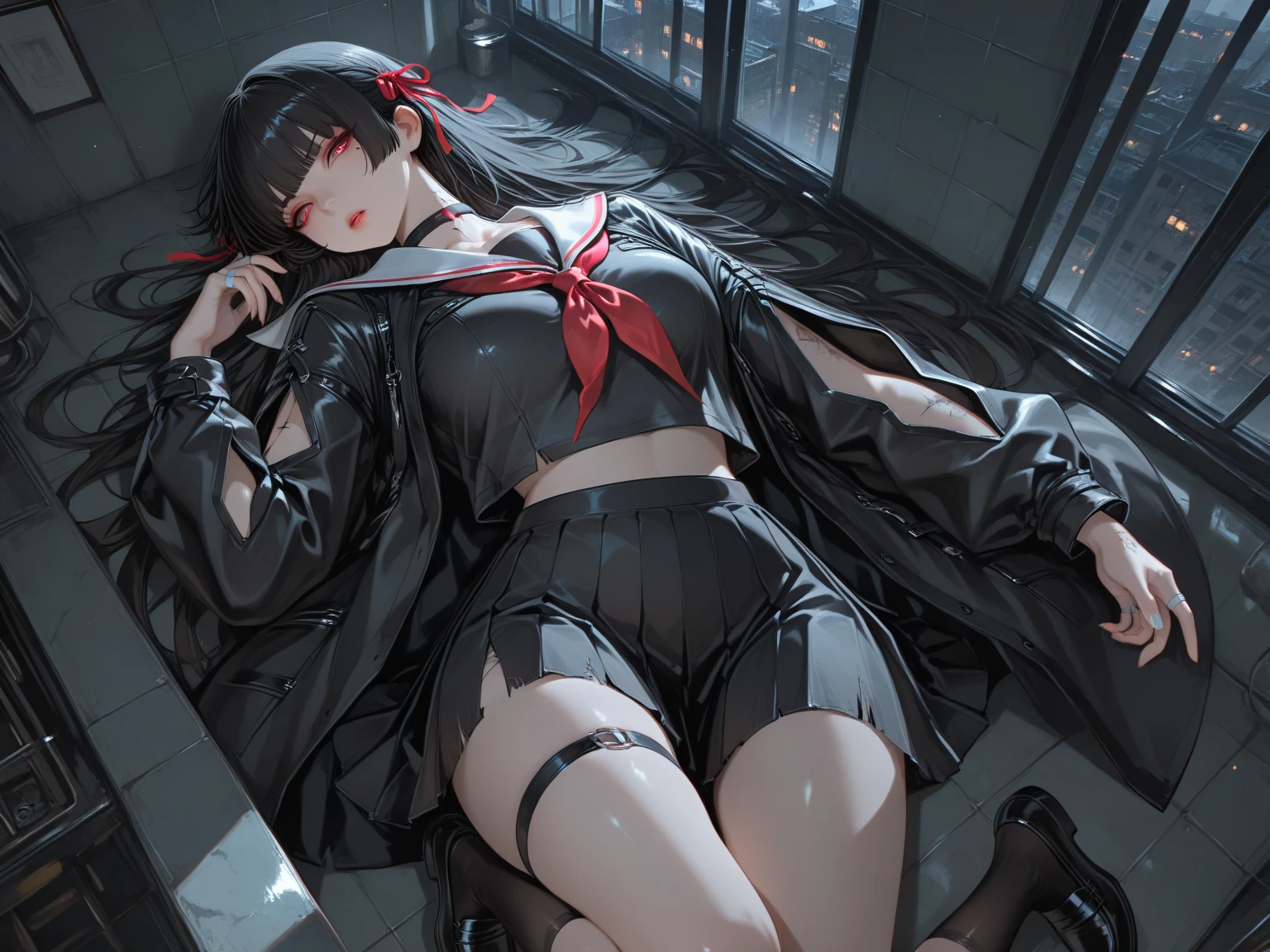 (masterpiece, best quality), 1girl, 16yo, realistic, black dress, red tie, goth, (red panties), sitting, sprad legs, vibrant colors, abstract background, lines geometric, night, dark theme, high contrast, deep shadows