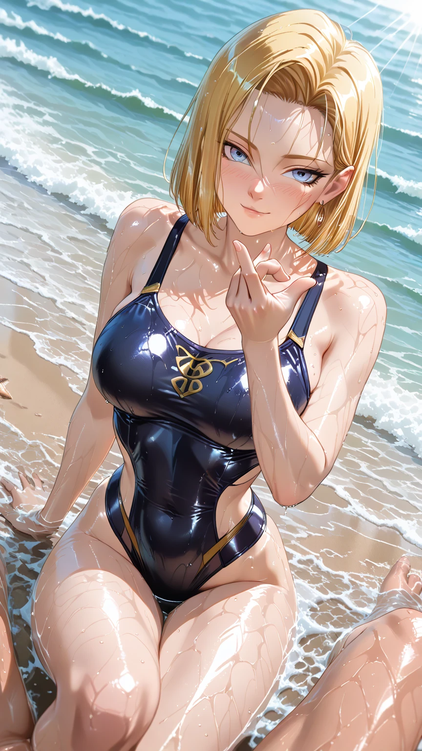 （（（masterpiece、Highest image quality、highest quality、highly detailed unity 8ｋwallpaper）））、（（Illustration of one girl））、（（（beautiful girl、cool）））、（（blonde、pixie cut：1.2、two side up、sidelocks、green eyes））、（（（tall、stocky build, thickset physique：1.3, muscular legs, broad shoulders, solid chest）））、swimsuit、sandy beach