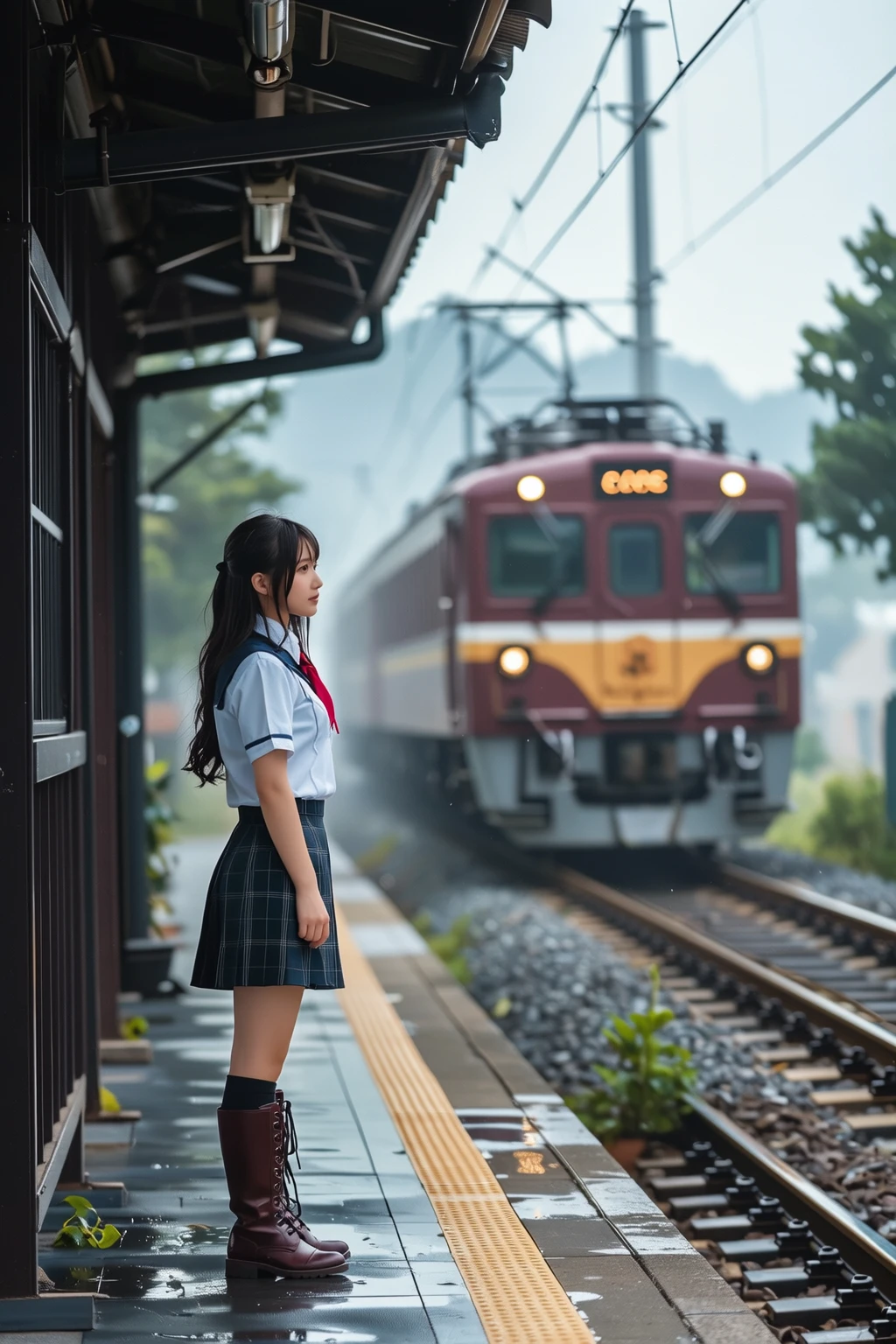 Long-haired girl walking on train platform, Kantai Collection Style, Railgun, konpeki no kantai, Kantai Collection Arcade, Kantai Collection, Makoto Shinkai style, Cute girl visual, Makoto Shinkai's art style, Beautiful school girl, Anime Style 4k, Official artwork, shinkai makoto