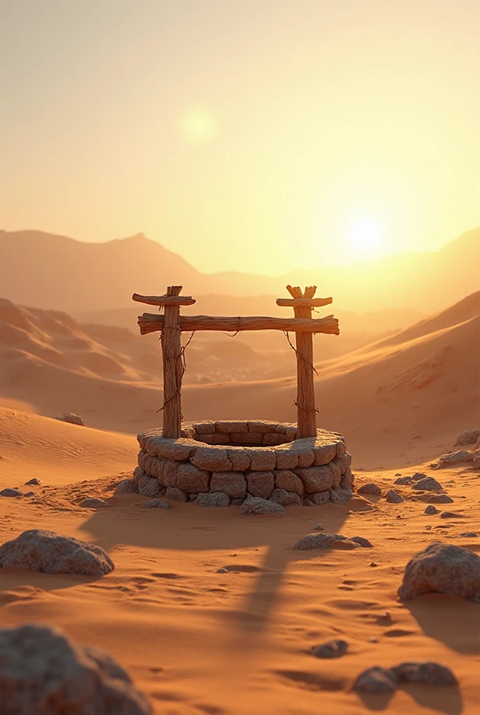 A cinematic desert landscape at golden hour with an ancient stone well ...