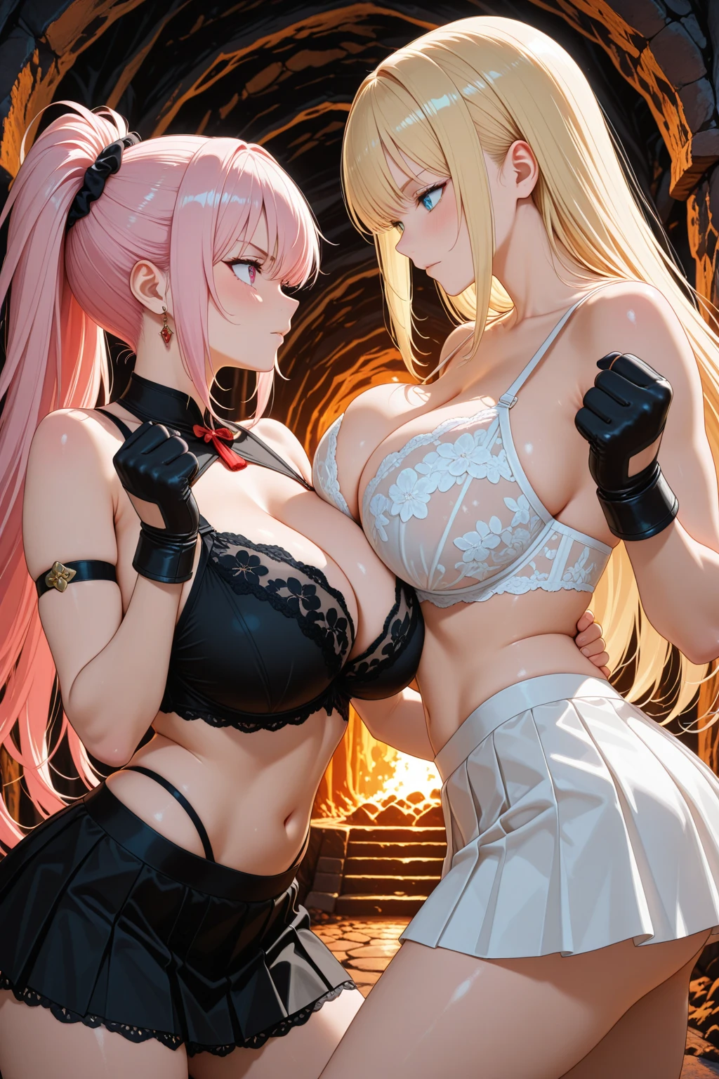 Two beauties with healthy complexions, lesbians, staring into the eyes, muscles clearly visible, kissing and licking each other, saliva flowing from the corners of their mouths, vanilla ice cream expertly melting, cream cheese syrup flowing down, covering the whole body, in a provocative pose,  touching each other, The  are obvious.           Clothes can accidentally fall apart (come apart), get stuck (causing the garment to pull on the ), exaggerated midriff-baring tank tops can rip, and tops can slip off (causing exposure).   The expression is fiery and defiant.                   (Masterpiece, best quality: 1.2), exaggerated blonde, beauty, pink hair, glossy skin, seductive pose, cleavage, wet skin, exposed , ,  detail, healthy skin, The exaggeratedly damaged mini skirt exposed her , and her pants slid down to one side of her thighs, with a large amount of viscous white liquid oozing out between her legs.     Amazing  and .               Details: Spread your legs, M-shaped legs, your eyes are super beautiful and shining during , and your  reveal your cleavage.               .              navel, light pink, muscular, legs spread, juicy, wet, seductive, , cleavage exposed, navel, oily skin, blonde, long straight hair, schoolgirl cut, cosplay, late night, wet, sweaty Armpits, (Delicate Face) )): 1.6), Field Bokeh, (Detailed Background), Perfectly Layered Crop, (Full Body Shot/Cowboy Shot/Side View), 8K, Gorgeous Lips, (Masterpiece), ((most) best quality), (ultra-detailed)), ((; 1.5)) very beautiful, richly illustrated, perfectly composed, intricately detailed, extremely fine facial detail, (anime, masterpiece, complex: 1.3) , (Best Quality, Featured Textures, High Detail: 1.2), (4k), (Extreme Detail: 1.4) Moody Lighting