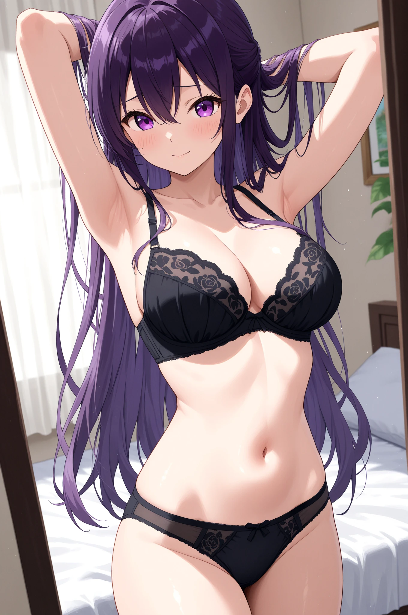 (masterpiece), (Highest quality), (High resolution), (Half Up:1.3),Beautiful Face,Beautiful body,Beautiful breasts,Beautiful Eyes,Beautiful Hair,Long Hair, Purple Hair, Blunt bangs, Purple eyes, (), Sitting,(NSFW),(Top and bottom white lace :1.4),Beautiful clavicle,Beautiful neck,arm behind head, Bedroom,(Top and bottom white lace :1.4),Cowboy Shot,