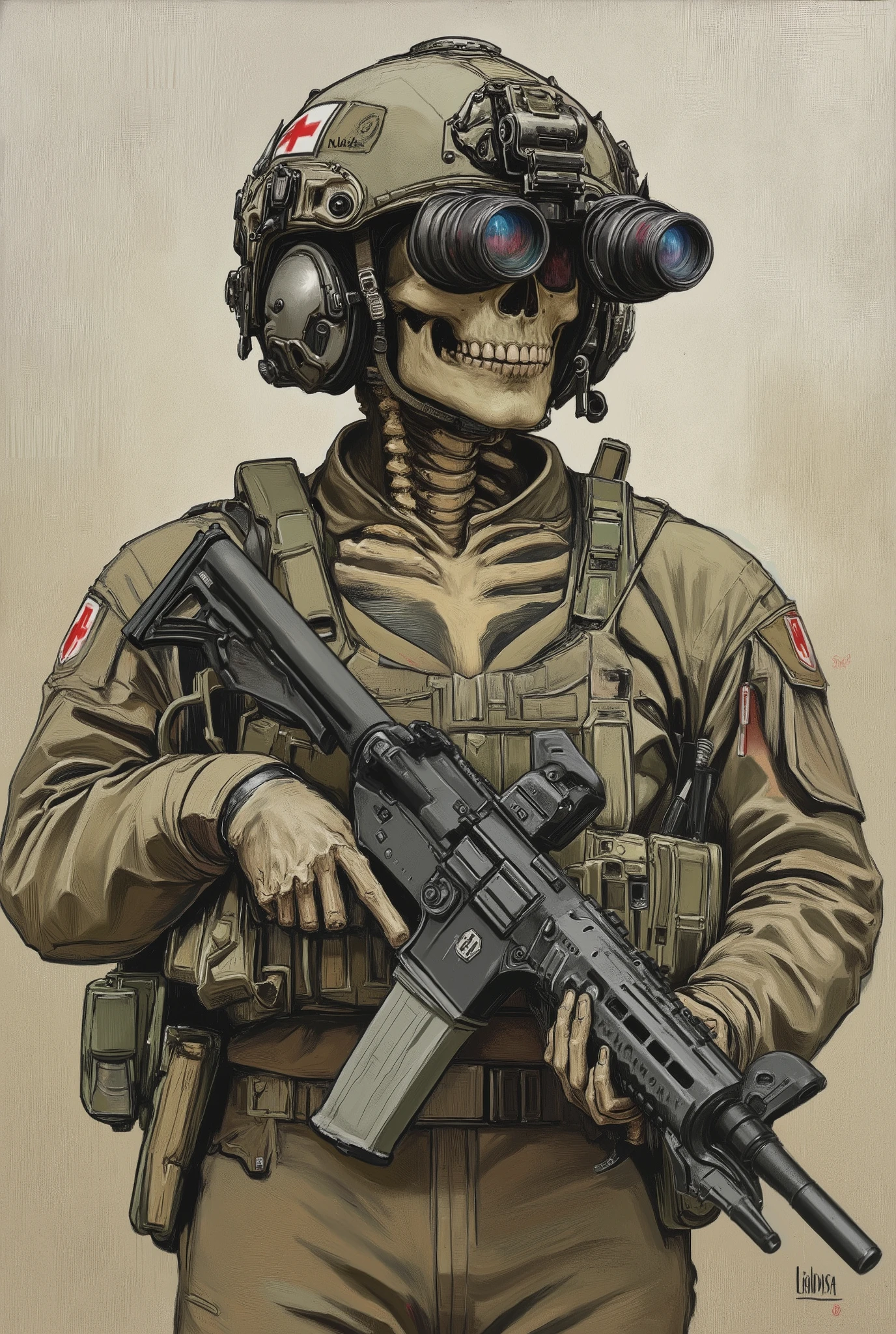 Skeleton, military uniform,wearing on head n0ds  dual-tube panoramic optical device two cylindrical lenses attached to the front of the helmet with integrated hearing protection, tubes over each eye socket, Alphonse Mucha Style, skeleton holding m4a1 assault rifle, Red Cross medic symbol on helmet