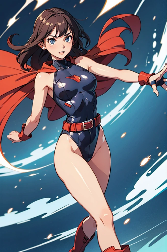 ((masterpiece)). ((best quality)), ((highres)), 1girl, solo, short hair, brown hair, purple eyes, (full body), standing, (sleeveless white and red leotard with yellow accents and star emblem embedded in ????? area), (matching white gloves), ((???? legs)), superhero, town backdrop, matching boots, ??????????????, 20 age, spinning around, super speed, wind particles, dust particles, tornado particles, wind swirls,