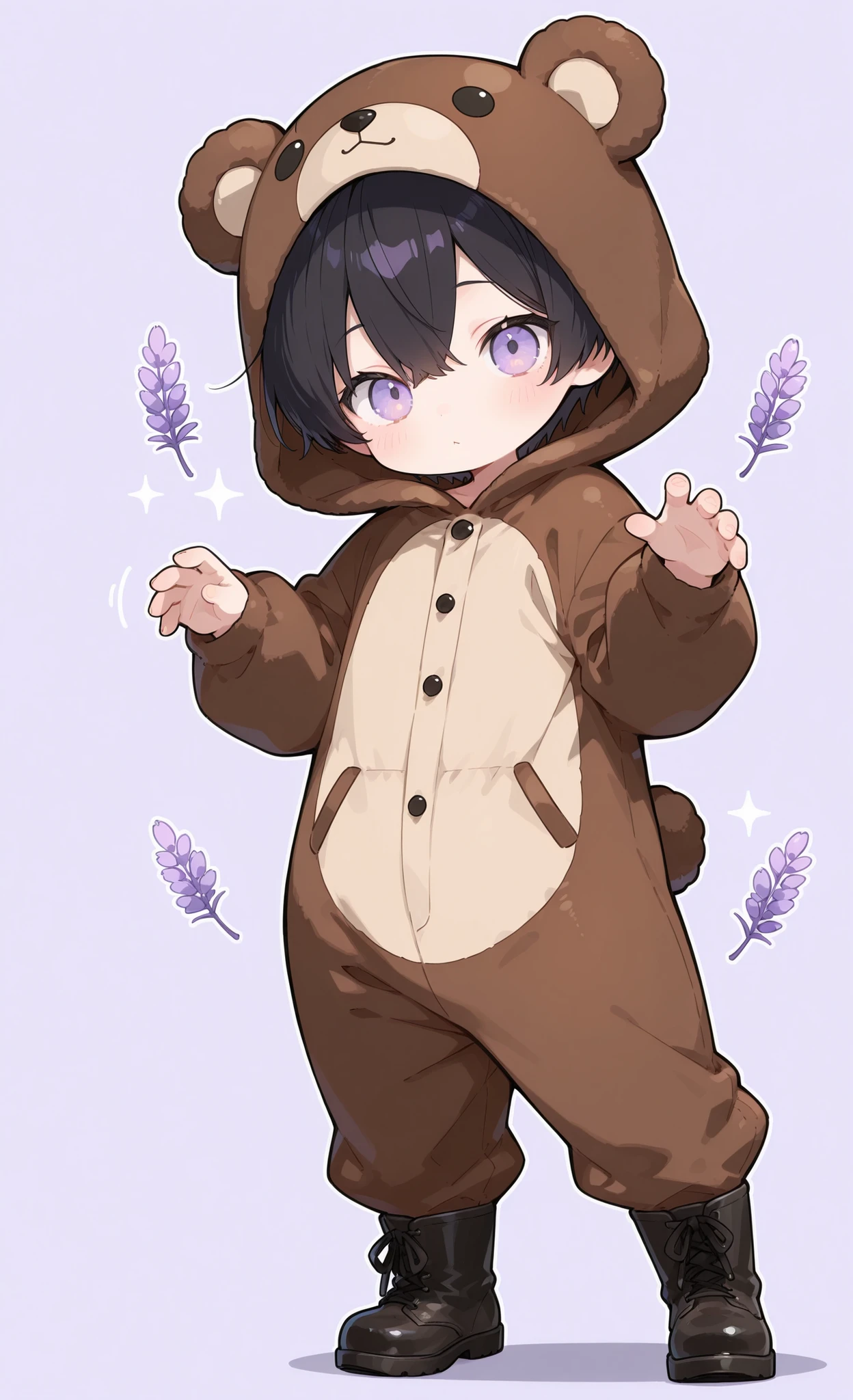 Kuma, masterpiece, best quality, ultra-detailed:1.3, chibi style, 1boy, male, solo, short black hair, lavender eyes, wearing brown bear onesie, bear hood, black boots