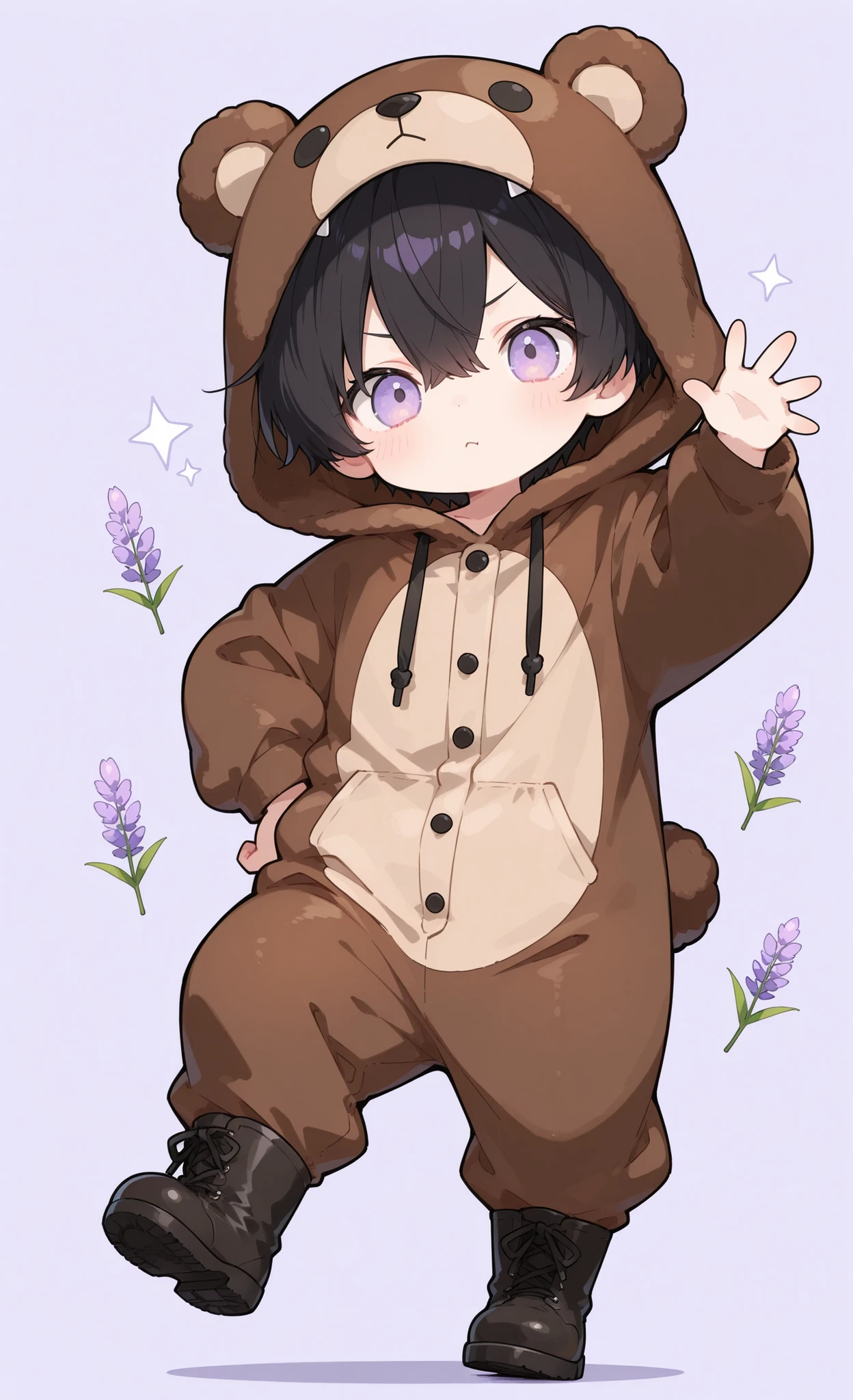 Kuma, masterpiece, best quality, ultra-detailed:1.3, chibi style, 1boy, male, solo, short black hair, lavender eyes, wearing brown bear onesie, bear hood, black boots