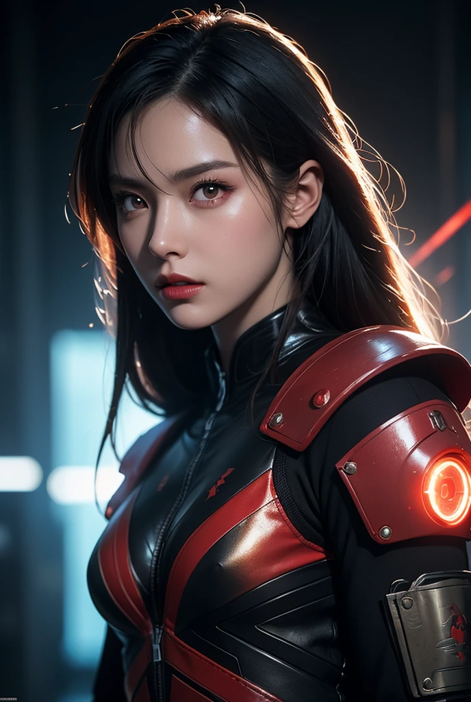 A woman in a futuristic suit with a red light on her - SeaArt AI
