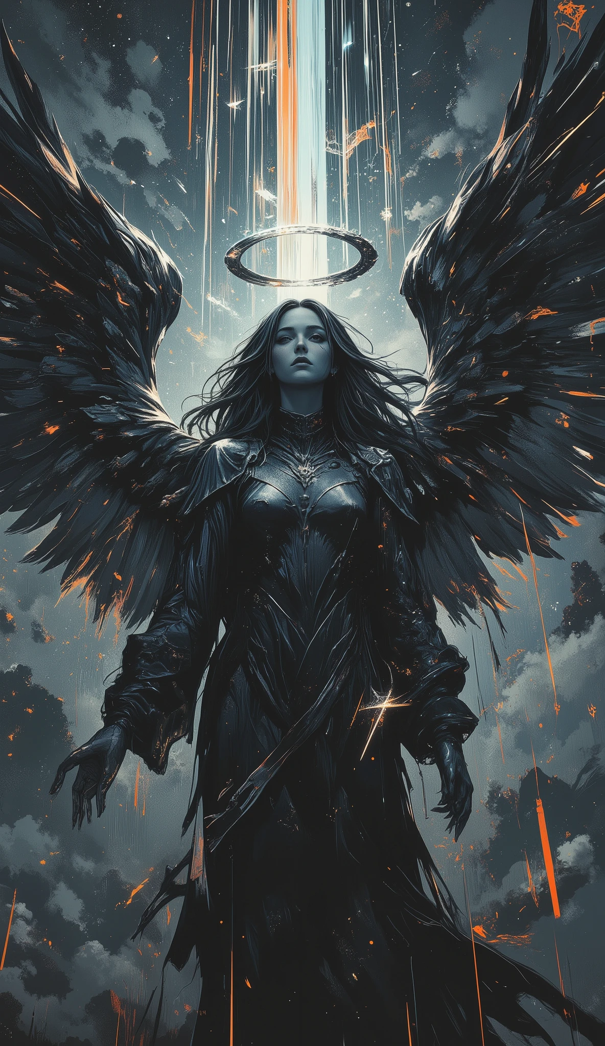 glitch,abstract,surreal,pscho_4rt,MoodyGirls,Striking low-angle composition of a serene yet powerful angel flying directly overhead, her enormous, detailed wings filling the frame from edge to edge. Her face is partially shadowed but shows calm determination as she reaches one hand toward the viewer. Behind her, the night sky is alive with an intense meteor shower, countless bright streaks raining down in all directions, creating a celestial curtain of light. The meteors cast a shifting, ethereal glow that illuminates the edges of her wings and creates a halo effect around her flowing hair. The perspective creates a dramatic foreshortening effect, making her appear to emerge from the cosmic storm. Atmospheric depth with layers of clouds and cosmic phenomena, cinematic lighting with strong contrast between light and shadow, emphasizing the three-dimensional quality of the scene and the angel's movement toward the camera.