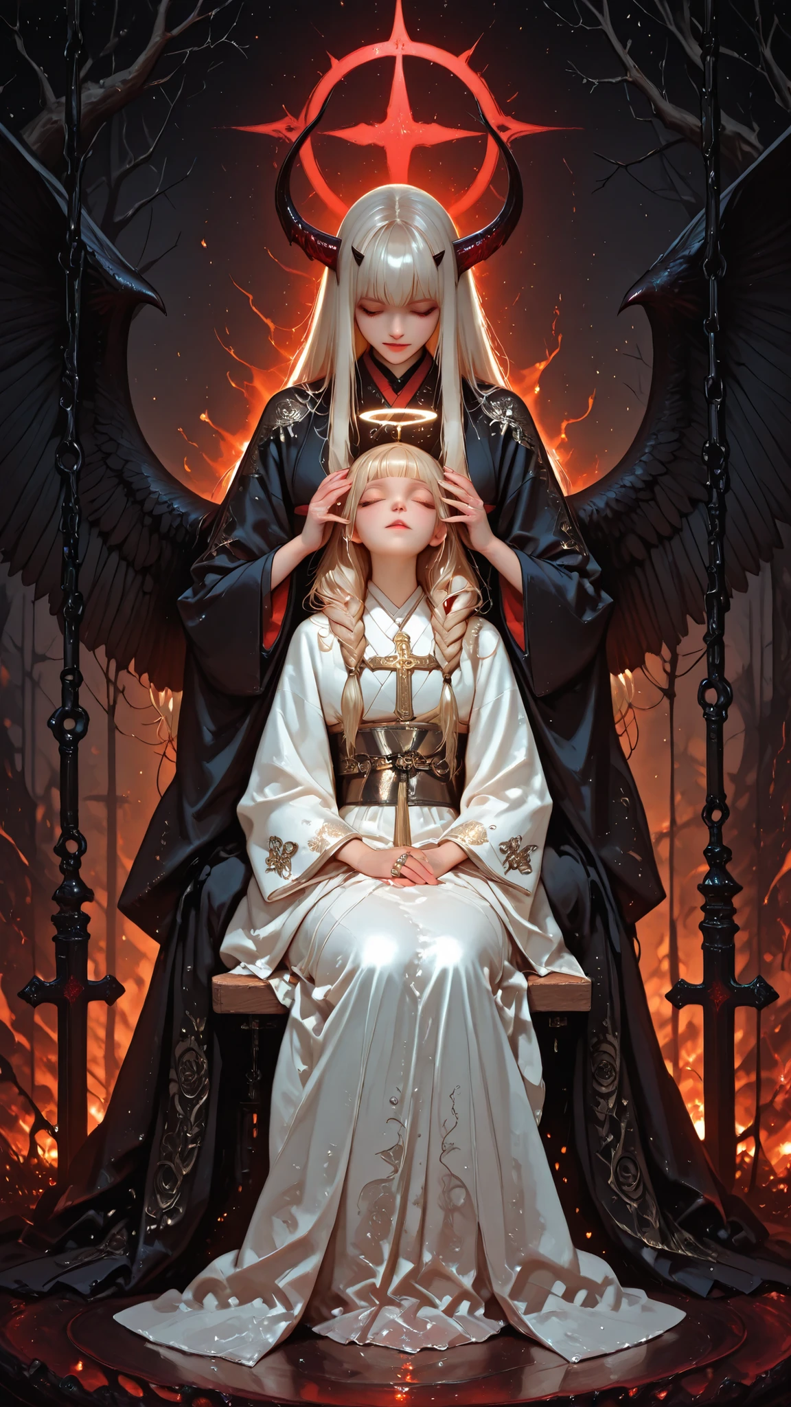 Surrealist oil painting, top three-quarter view: a mysterious She-Devil with elegant black and crimson horns and large, outstretched black wings — one torn and bandaged — sits gracefully on a Victorian-style wooden swing in a dreamlike playground surrounded by infernal flames. Her appearance evokes both divinity and temptation. Several crucifixes made from tree branches have been planted in the ground and have already begun to bloom again.

She has long blonde hair braided like a Viking princess, adorned with small gold rings interwoven in her hair. Her garments merge the sacred aesthetics of the Virgin Mary with the refinement of a Japanese kimono: flowing blue and white fabrics layered with golden embroidery and wide silk sleeves that ripple in the warm wind. A radiant halo glows faintly behind her head, contrasting with the surrounding darkness. Her pose is elegant and subtly alluring — confident yet serene — expressing both grace and quiet power.

Around her, five small red imps — mischievous cherub-like devils resembling classic Valentine cupids but with tiny horns, pointed tails, and delicate bat-like wings — play joyfully on the grass. One holds a small crucifix of Christ; others laugh, chase, and tumble in impish harmony, radiating both innocence and mischief.

The landscape burns with surreal light — crimson skies, molten shapes of hidden demons, and waves of color resembling living fire. Above, a comet passing by Saturn and its rings shimmer in the violet haze, giving the entire composition a cosmic dreamlike quality.

Oil painting style inspired by Luis Royo and George Hughes, cinematic 3/4 composition, soft chiaroscuro, intricate brushwork, detailed , ethereal atmosphere, surreal symbolism, high detail, masterpiece realism, trending on ArtStation.