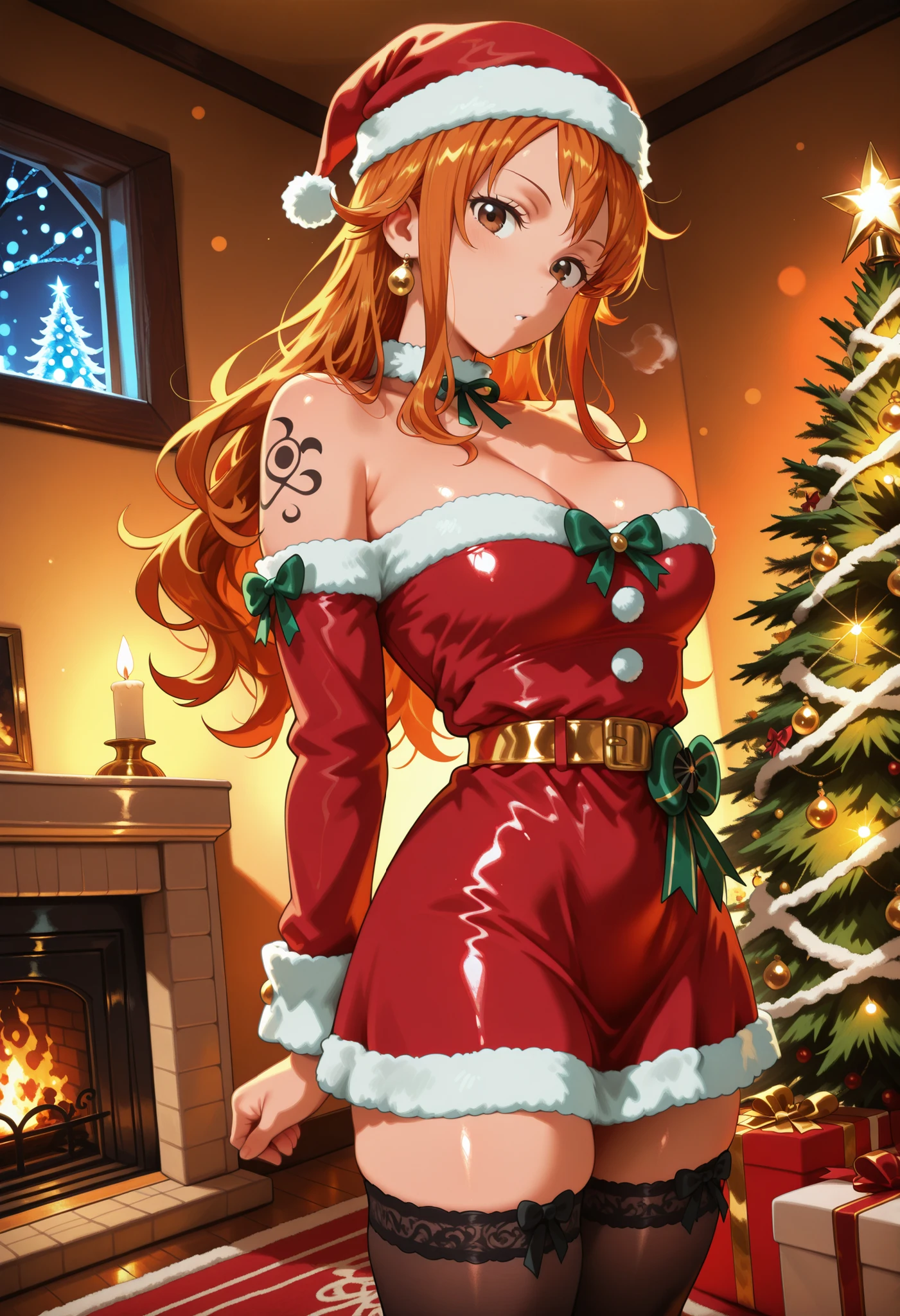 masterpiece, top quality, great quality, 1 girl , (nami_post, orange hair, long hair, wavy hair, side locks, brown eyes, shoulder tattoo,golden ratio, Sexy Poses, Breathing effect , is breathing heavily,, nice legs, shiny hair, shiny body, shiny hair, clear skin, clear body, elegant christmas outfit, red velvet dress with white fur trim, golden ribbon belt, fluffy white cuffs, off-shoulder neckline, black thigh-high stockings with red bows, small santa hat tilted to the side, gold accessories, cozy yet glamorous holiday aesthetic, warm christmas interior, glowing fireplace, decorated christmas tree with golden ornaments and fairy lights, soft candlelight, snowfall visible through frosted window, red and gold color palette, cozy and festive atmosphere, soft lighting and gentle bokeh effect, looking at viewer,