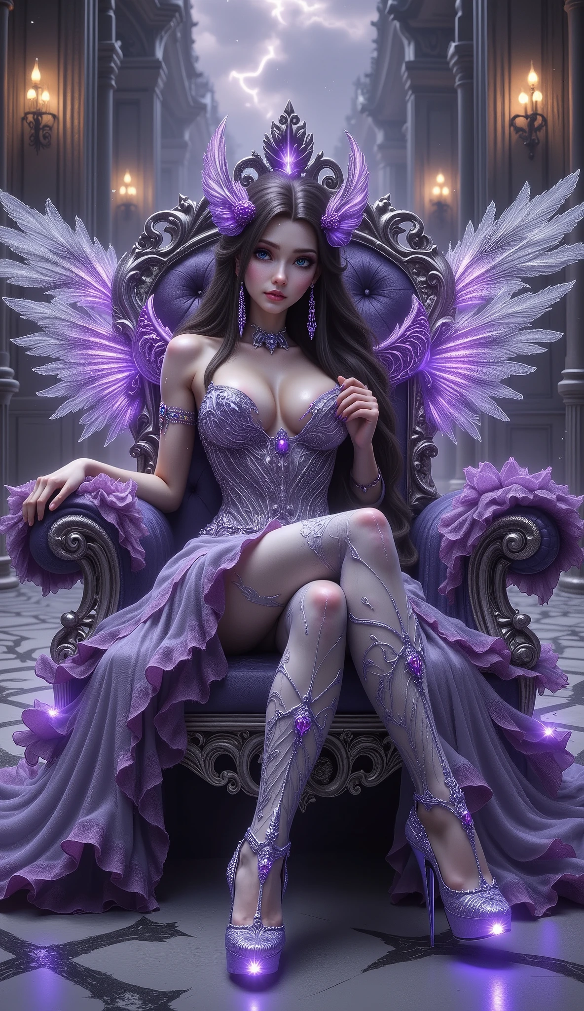 purple fairy sitting on a throne with wings and purple shoes, a beautiful fantasy empress, beautiful fantasy art, fantasy woman, 4k fantasy art, amazing fantasy art, very beautiful fantasy art, hd fantasy art, detailed fantasy art, beautiful fantasy maiden, digital fantasy art ), detailed fantasy digital art, ((a beautiful fantasy empress)), gothic fantasy art, beautiful elegant demon queen