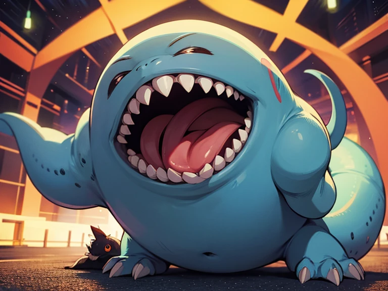 score_9, score_8_up, score_7_up, score_6_up, score_5_up, score_4_up, gabumon, digimon, single horn, claws, red eyes, sharp teeth, creature, monster,  chubby, pudgy belly, blue and pink markings on belly, blue fur pelt, yellow body, three toes,  house scenery, night, sleeping on bed, sleeping