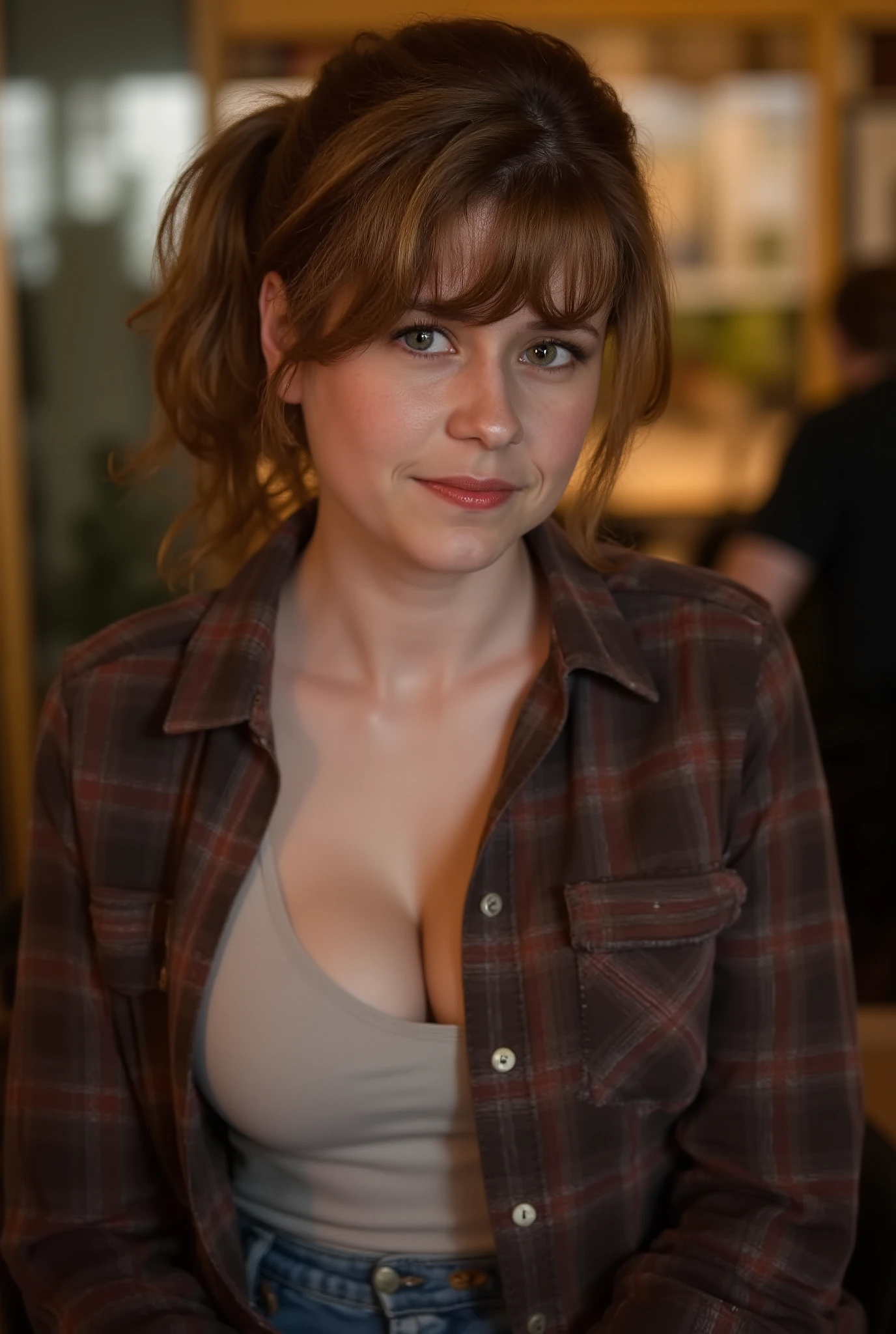 J3NN4,(((HD photo))), ultra high res.photorealistic:. 1.4, UHD, masterpiece, trending on artstation, one girl, ((full body)), Jenna Fisher, Pam Beasly, a young woman with brown hair, wearing a light-colored top under a plaid flannel shirt, wearing blue jeans, 20 years old, visible cleavage, attractive girl, gorgeous face, smiling shyly, hair styled with bangs framing her face and the rest pulled back into a casual ponytail, secured with a black claw clip , wavy hair, bangs detailed facial features, beautiful hazel eyes, looking to the side, sitting in atmospheric coffee shop, high quality, photo-realistic, cinematic lighting, good lightning, detailed skin, intricate hairstyle, waivy hair, warm color tones, portrait, 90's, 35mm lens, realistic skin texture,