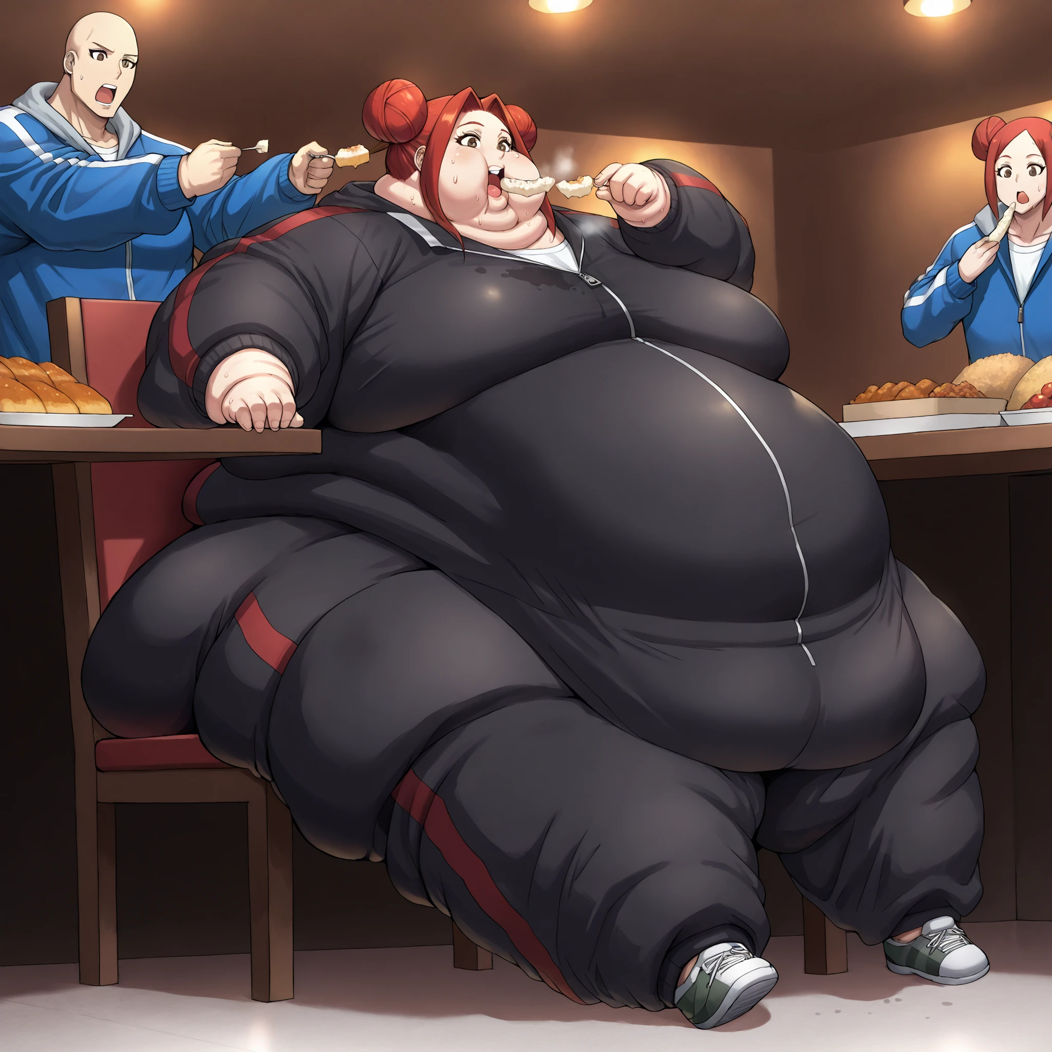 akari_shimizu_sl, red hair, double bun, parted hair, hair intakes, brown eyes,large breasts, sweating, wet, sweat stains, tracksuit, shoes, fat, chubby, obese, fat neck, multiple chins, big breasts open mouth, out of breath, Larger female, full body shot, only head, large head, oversized limbs, large hands, large feet, oversized feet, oversized fingers, big lips, plump lips, fat face, fupa, big fupa, fat fupa, sitting on chair, sitting down, table, restaurant, buffet, in front of tones of food,, eating food, food in mouth, force fed, force feeding, (lora:force-feeding-ponyxl-lora-nochekaiser:1>, force-feeding, feeding, forced, full mouth, food, eating), rush of food, reclining back on chair, Extremely obese puffy puffy fat Body Length