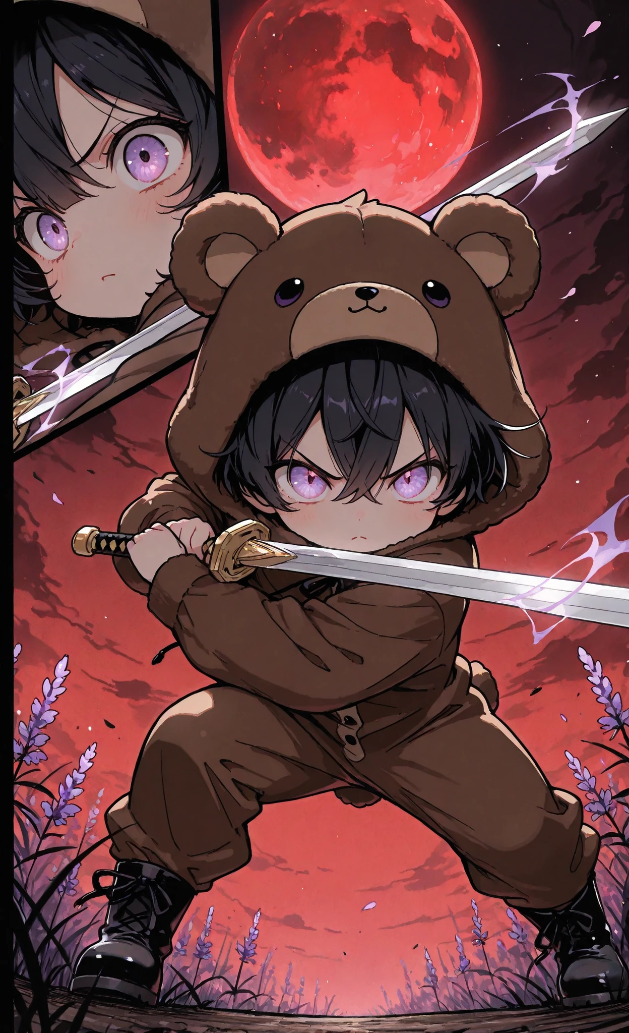 Kuma, masterpiece, best quality, ultra-detailed:1.3, chibi style, male, 1boy, solo, short black hair, lavender eyes, wearing brown bear onesie, bear hood, black boots, holding sword, threatening atmosphere, red moon in background, close-up shot, sword blade in foreground, intense expression