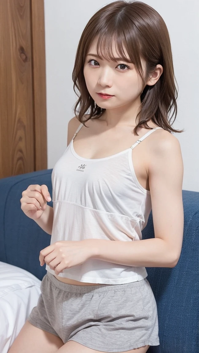 (High resolution、8k),Cute 16 year old Japanese girl,( Perfect Arms,Perfect hands,Perfect Fingers:2)，(Spread your legs:1.5),transparent,white,Panties made of triangular silk fabric with a small surface area :1.2),(white,Tight tank top:1.2) ,From the knee up､Stand with your back straight,Telephoto lens camera、Looking into the camera、(chest:1.2)、Thick and glossy lips、Kind eyes ,水色の壁に寄りかかってAre standing,(Are standing:1.5),belly button,(Light brown hair,Wolf Cut), barefoot ,Very realistic,Tanned healthy skin,Perfect hands,Perfect Arms,Perfect Fingers