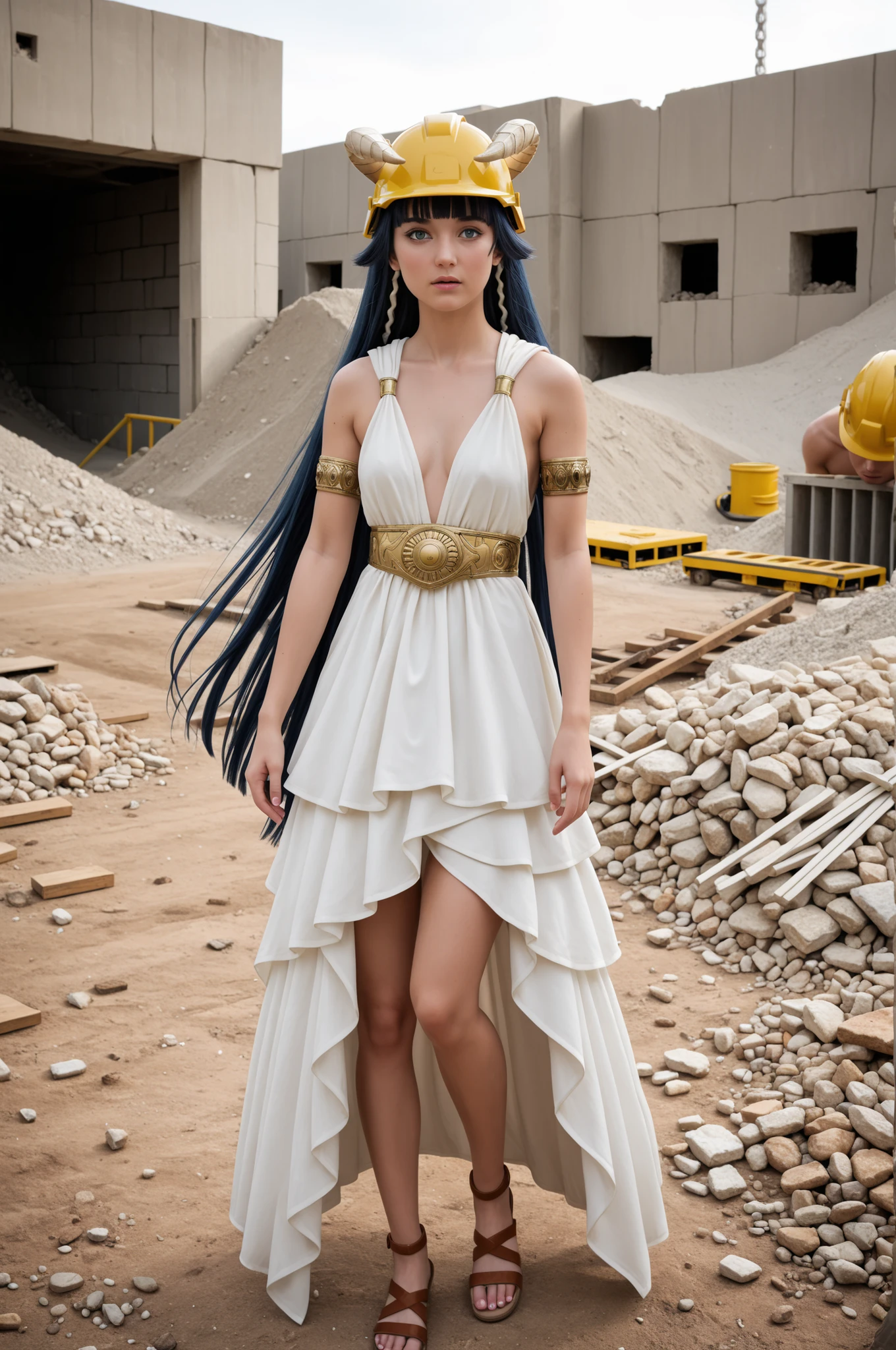 1girl, Saphir Maasa, 150cm, blunt bangs, very long hair, dark blue hair, blue eyes, hair tubes, horns,ancient Greek clothes, small breasts, sleeveless dress, white dress, armlet, belt, sandals, yellow construction helmet on head, firm expression, standing inside a construction site, outdoors, in fully view in a highly detailed photorealistic style