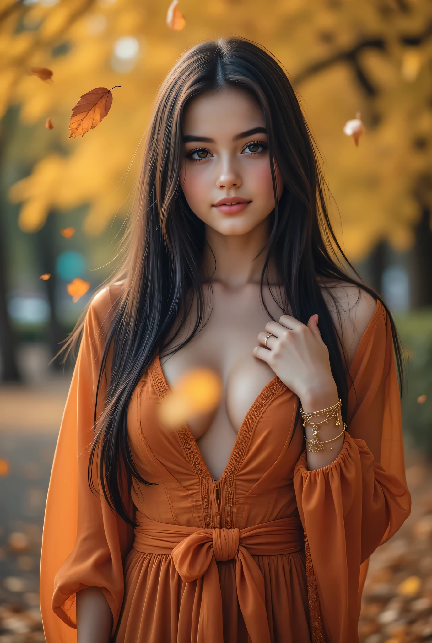 (Very beautiful young teenage girl, beauty of an IDOL), Tampilan Full Body, wearing a sexy autumn costume, auto customized hairstyle model, straight medium dark hair, suasana musim gugur, garden with autumn leafy trees whose leaves are falling, the effect of autumn leaves falling around, poses staring in the direction of falling leaves into her raised hands, (Mata Biru jernih, mata bulat besar, very beautiful eyes), hidung mancung, bibir merah lembut, perfect small tits, (cleavage on the lower chin), Tubuh langsing, very white and clean skin, Perfectly proportioned body and head, pakai anting kecil, 8K ultra HD resolution, photorealistic quality, Ketajaman Maksimal, karya agung, 8k, Kualitas Tertinggi, super detail, resolusi tinggi, sangat detail, Foto yang jelas, detail realistis, highly detailed background, Very clear background.