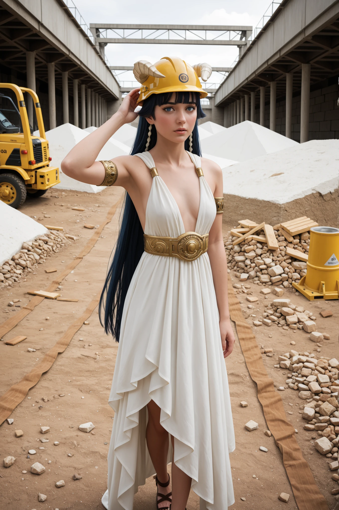 1girl, Saphir Maasa, 150cm, blunt bangs, very long hair, dark blue hair, blue eyes, hair tubes, horns,ancient Greek clothes, small breasts, sleeveless dress, white dress, armlet, belt, sandals, yellow construction helmet on head, firm expression, standing inside a construction site, outdoors, in fully view in a highly detailed photorealistic style