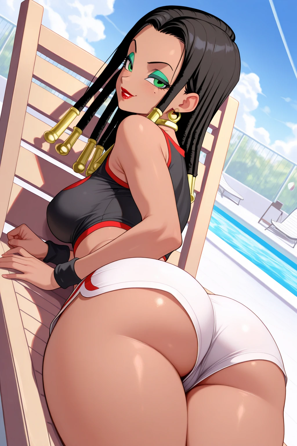 Yor Briar、Black Hair、Gold headband、Black dress、No sleeve、Black choker、Black long boots、Stick your ???? out、dynamic、Lean back、Put your hands on the ground、Shyness、Slim thighs、????????????、Top view、look back、Put your knees on the ground、Night back alley background、Night Scenery、Street lamp、Gold Hair Ornament