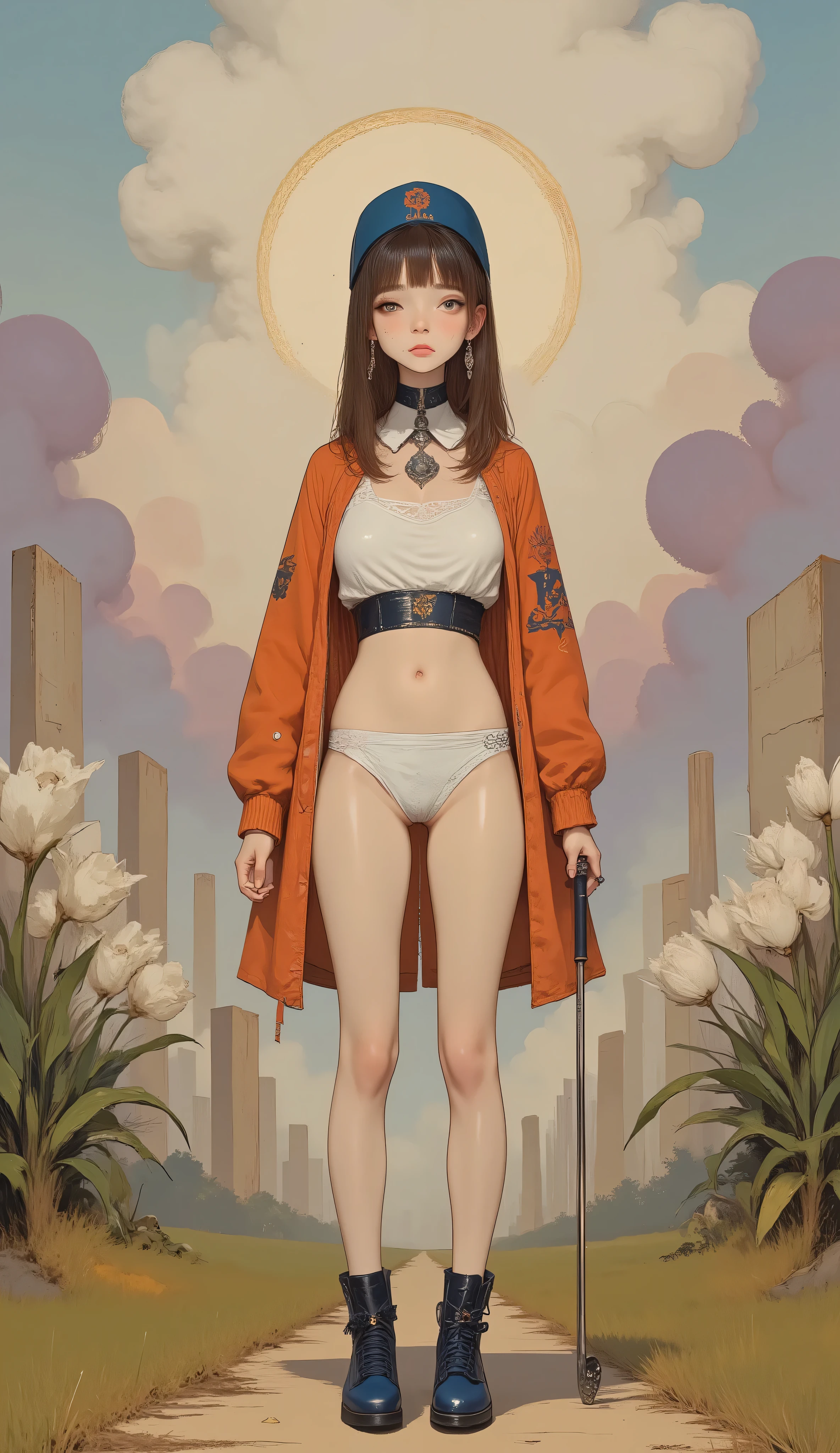 Ultra-realistic, high-detail seen from behind tall skinny ethereal beautiful Asian busty model with a face like mackenzie foy with delicate porcelain skin, soft rosy cheeks, and plump natural pink lips. She has large, almond-shaped brown eyes with long, fluttery eyelashes and perfectly groomed eyebrows. big black with a Nazi officer's cap, Her hairstyle is an elegant updo with loose, wispy strands framing her face and soft bangs parted slightly in the middle. She is adorned with intricate accessories: nouse ring and a black leather choker with lace trim, a central circular jewel. different skull rings on her hands. Soft natural daylight, shallow depth of field, photorealistic detail, cinematic lighting. nip slip, we can see her preky nipples and round wet vagina. she has wide hips, small waist, back dimples, round legs and cute round buttocks, big juicy lips, world-class masterpiece, fine details, breathtaking artwork, painterly art style, high quality, 8k, very detailed, high resolution, exquisite composition and lighting. Cloudy afternoon with sunset color reflected on the clouds painted with purple, pink, orange and yellow colors. She is in a tipical golf pose, standing straight with her legs spread, holding a golf club ready to stryke a human skull on the floor
she is standing straight among a field of white tall tullipans with long leaves, several monuments of rocky, weathered stones arranged in a ritualistic manner, such as Stonehenge. long straight black hair, wearing an orange latex jacket unbottoned in the front so we can see her big glorios tits, wearing no pants so we can appreciate her voluptuous athletic legs and wide hips and darl blue Converse high boots. We can also see her pale bare big round buttocks, white victroria's secret undies, cinematic shot, dynamic lighting, 75mm, Technicolor, Panavision, cinemascope, sharp focus, fine details, 8k, HDR, realism, realistic, key visual, film still, cinematic color grading, depth of field.
Overall, it's an ab