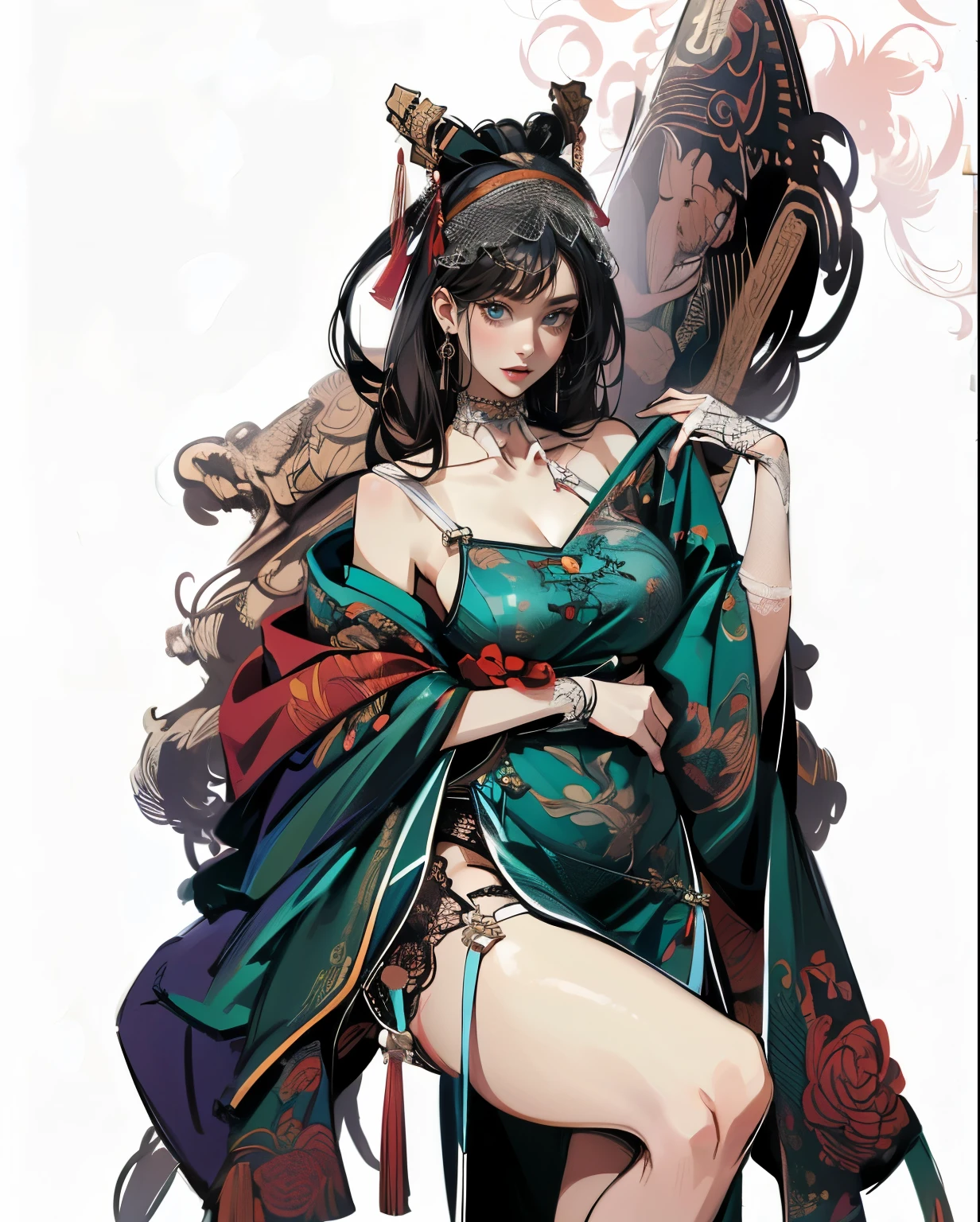 (absurdres, highres, super high resolution), trending at Art Station and Pixive, (solo), (1girl:1.5), ((white background))), ((( visible chest bone ))), (((Big breasts))), side slit skirt, Chinese Three Kingdoms dress costume, ((mesh)), Samurai girl, lingerie for beautiful women, garter belt, smiles, open mouth